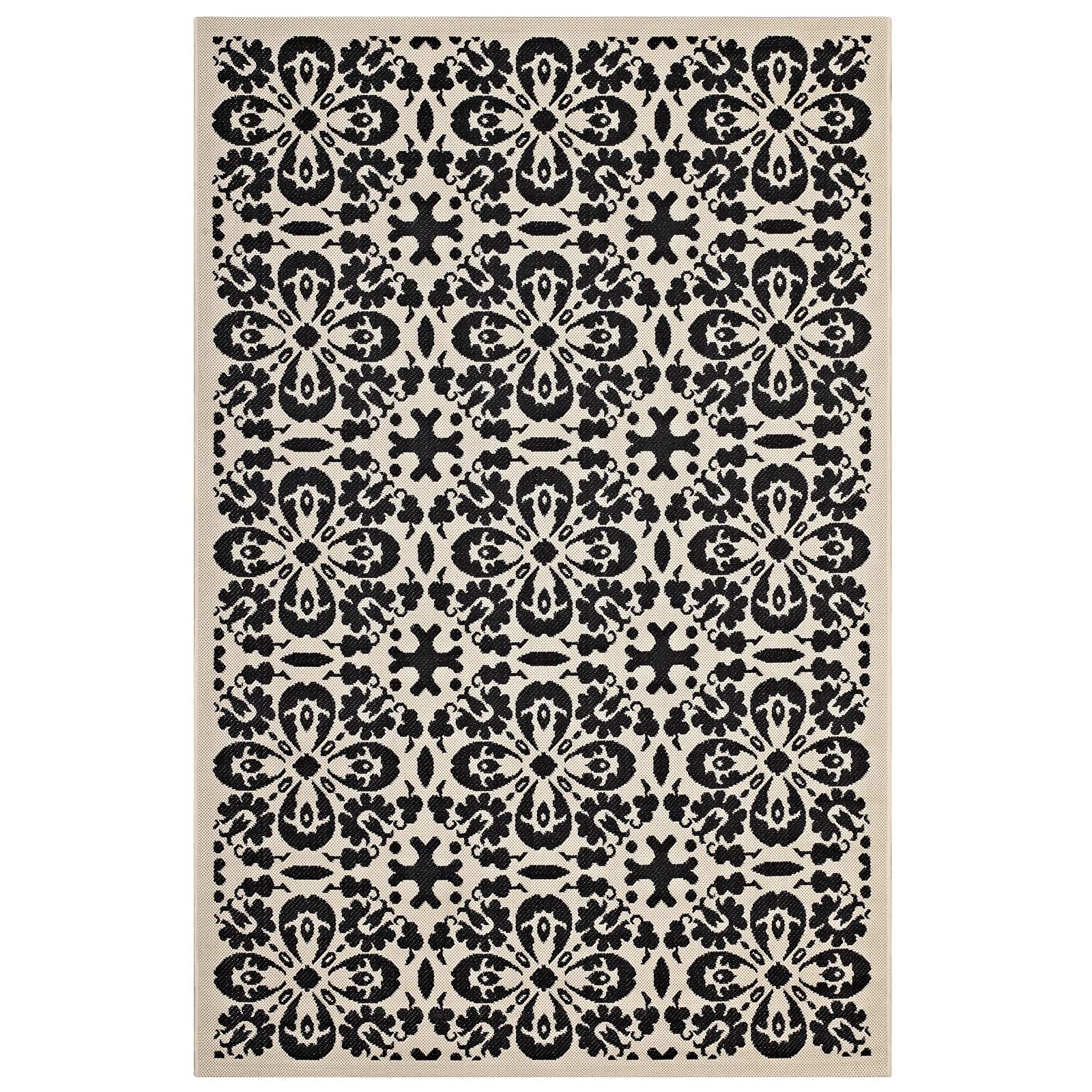 Modway Ariana Vintage Floral Trellis 9X12 Indoor And Outdoor Area Rug In Black And Beige