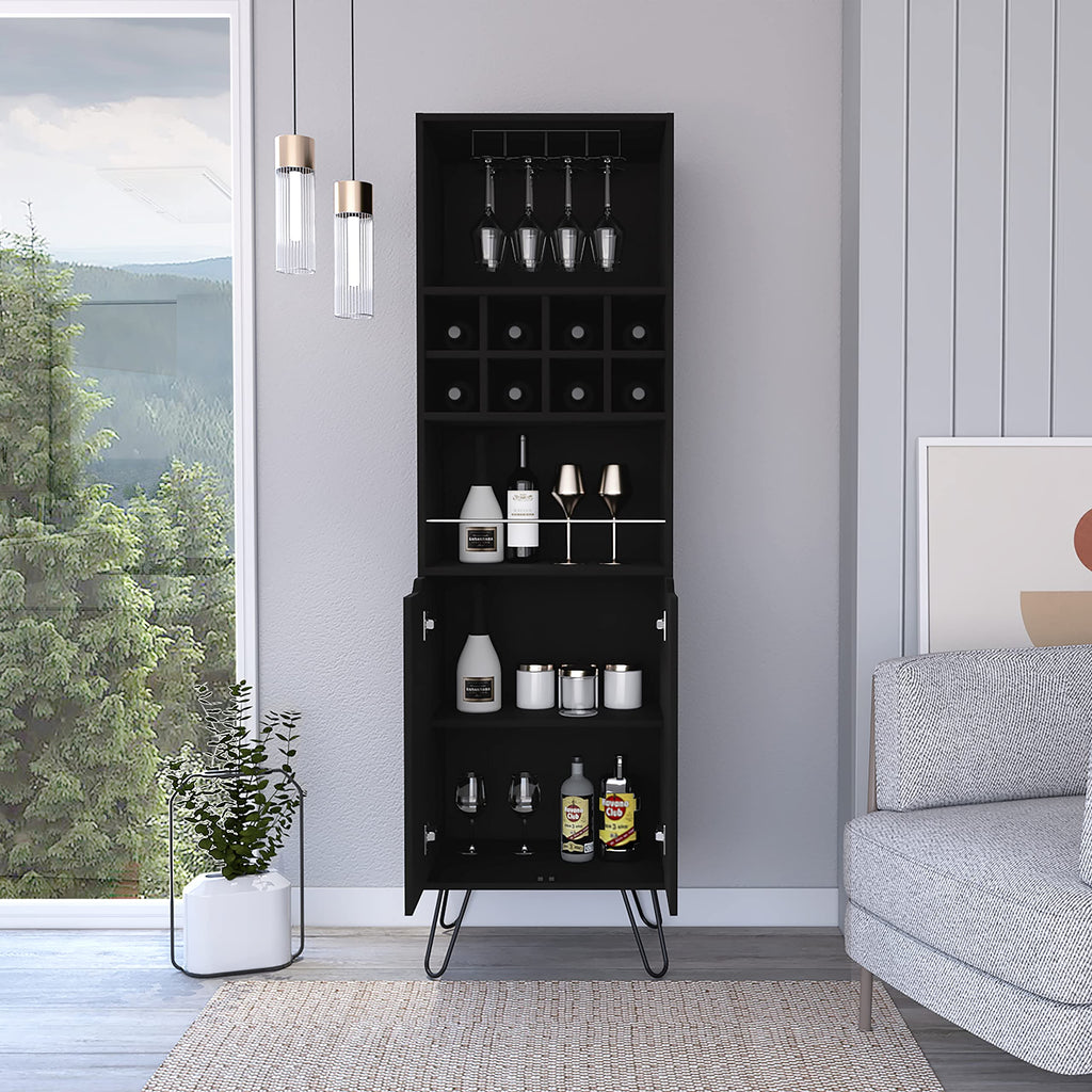 DEPOT E-SHOP Zamna H Bar Double Door Cabinet, 8 Built-in Wine Rack, 4 Legs, 4 Shelves, Black