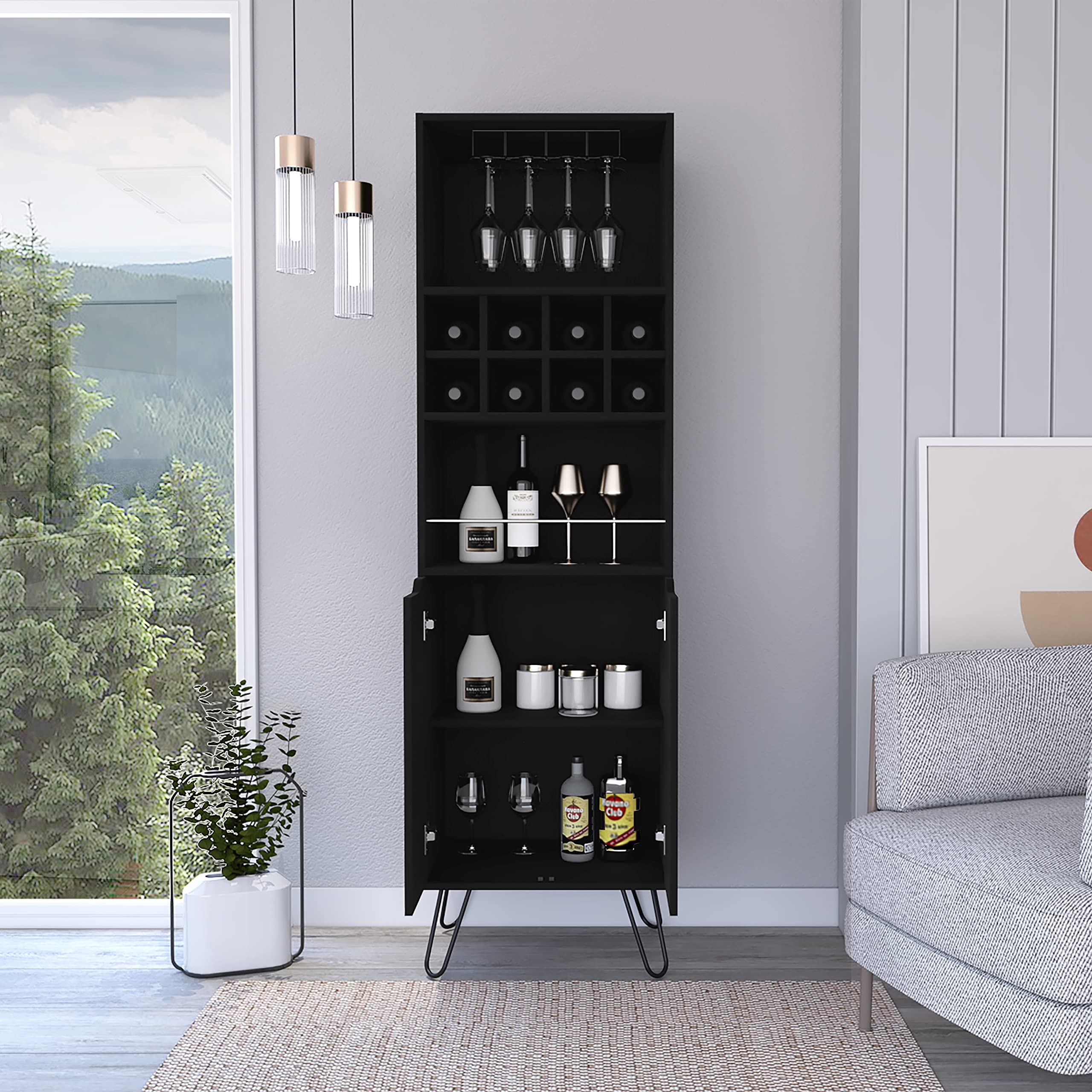 DEPOT E-SHOP Zamna H Bar Double Door Cabinet, 8 Built-in Wine Rack, 4 Legs, 4 Shelves, Black