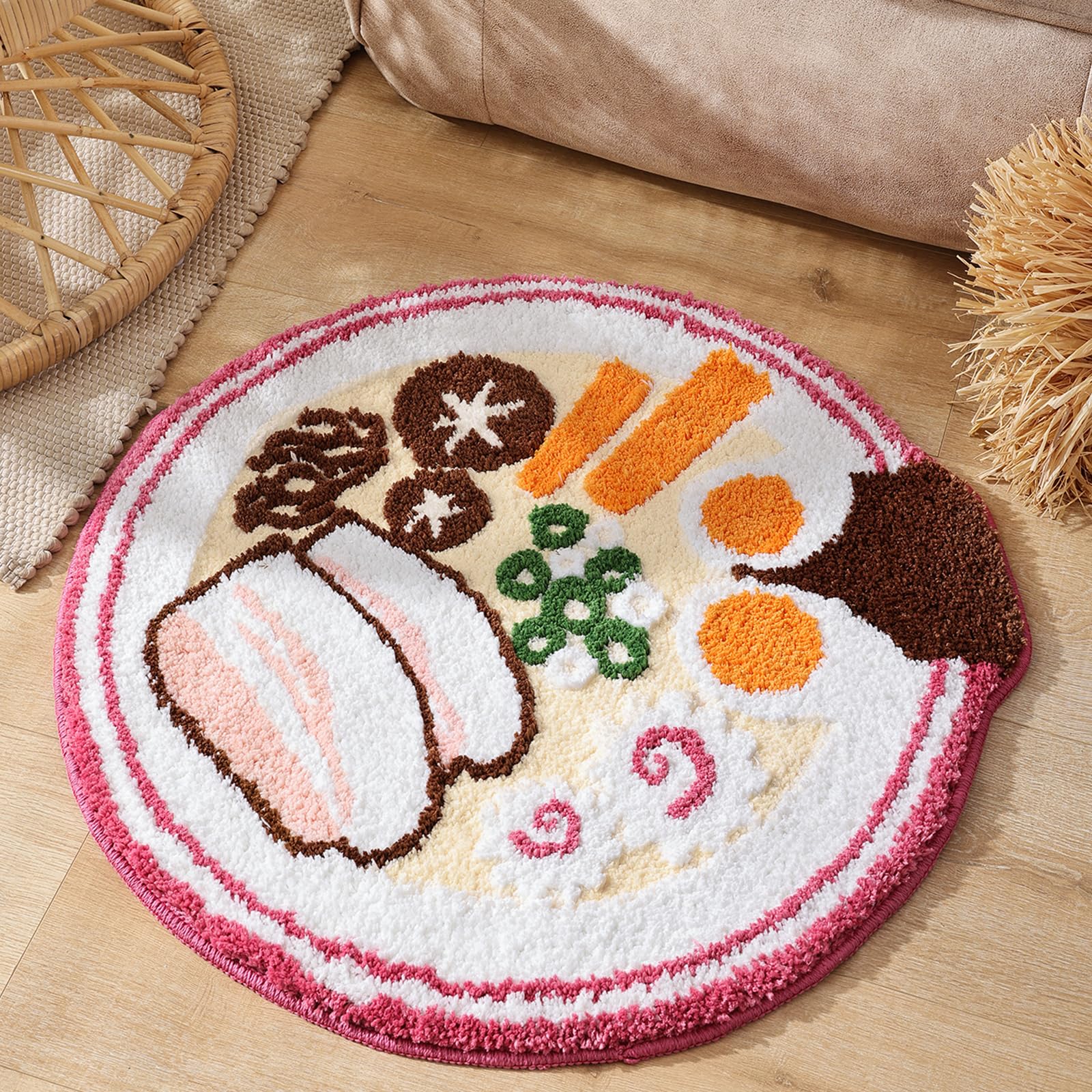 TRUEDAYS Fun Bath Mat - Round Washable Fluffy Bathroom Rugs with Non Slip Backing - Small Cute Ramen Bathroom Mat - Funny Soft W