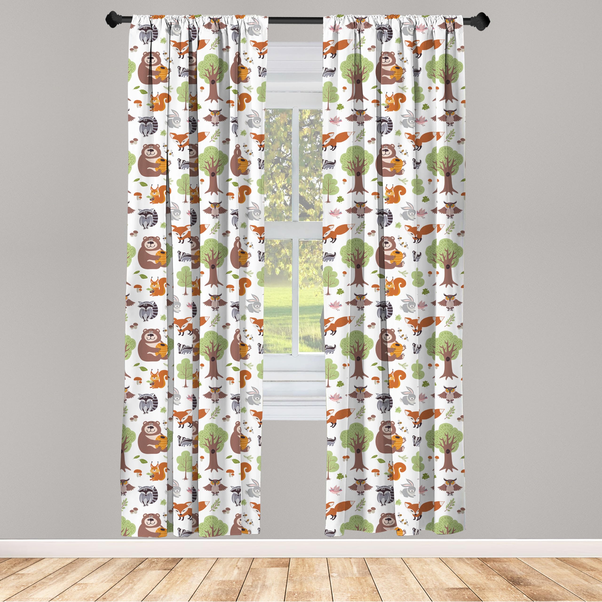 Ambesonne Forest Window Curtains, Doodle Woodland Creatures As Honey Bear Rabbit Fox And Raccoon In Nature Habitat, Lightweight