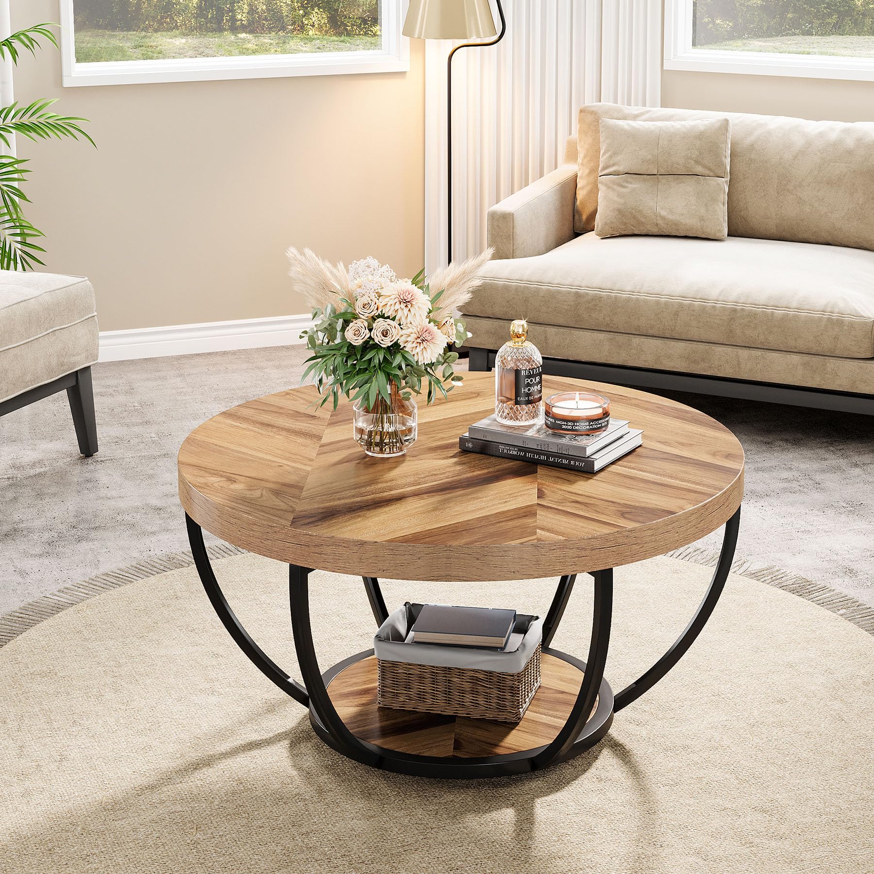 Tribesigns 31.7' Round Industrial Coffee Table With 2-Tier Storage Shelves, Modern Wood & Black Metal Accent Center Table For Living Room, Home Office – Easy Assembly