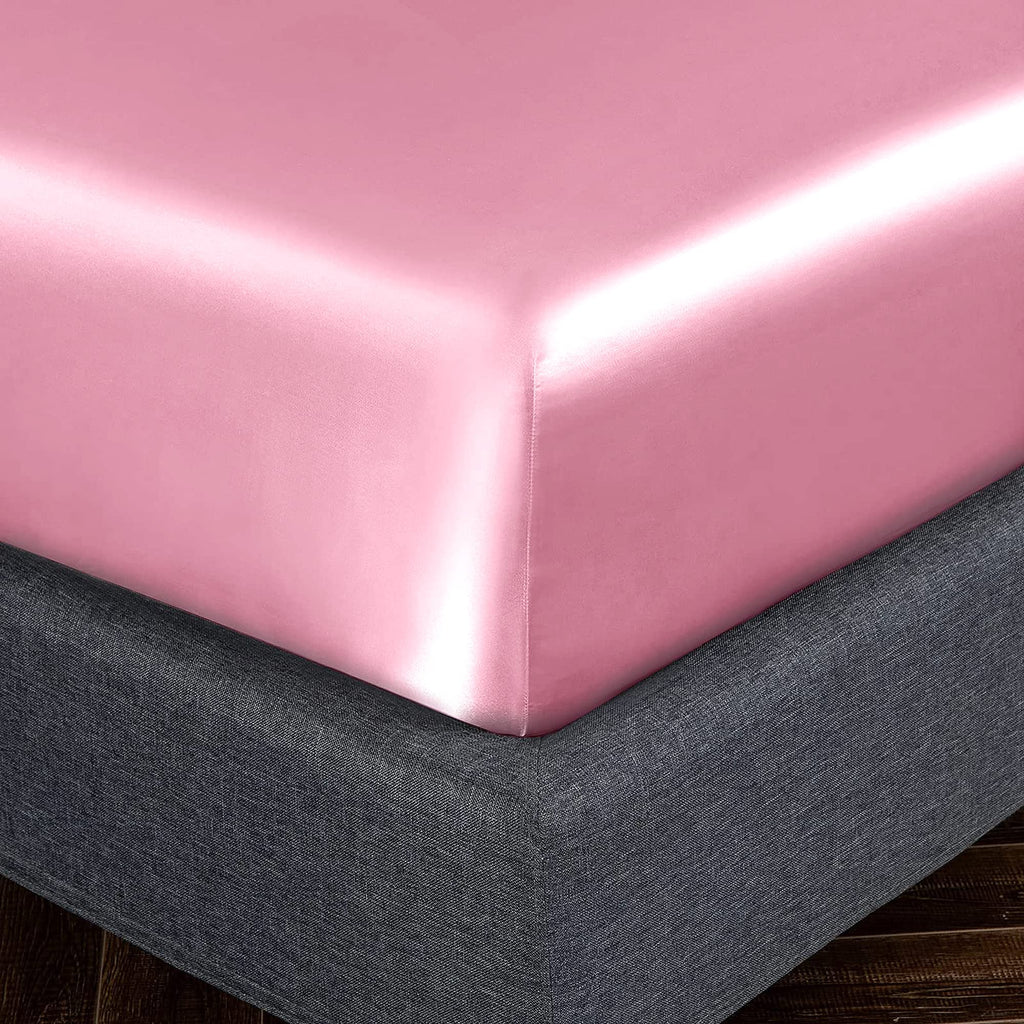Homiest Pink Satin Fitted Sheet Full Size Fitted Bed Sheet, Deep Pocket Fitted Sheet Only, Luxury & Ultra Soft Bedding Fitted Sheet Single Bottom Bed Sheets Sold Separately