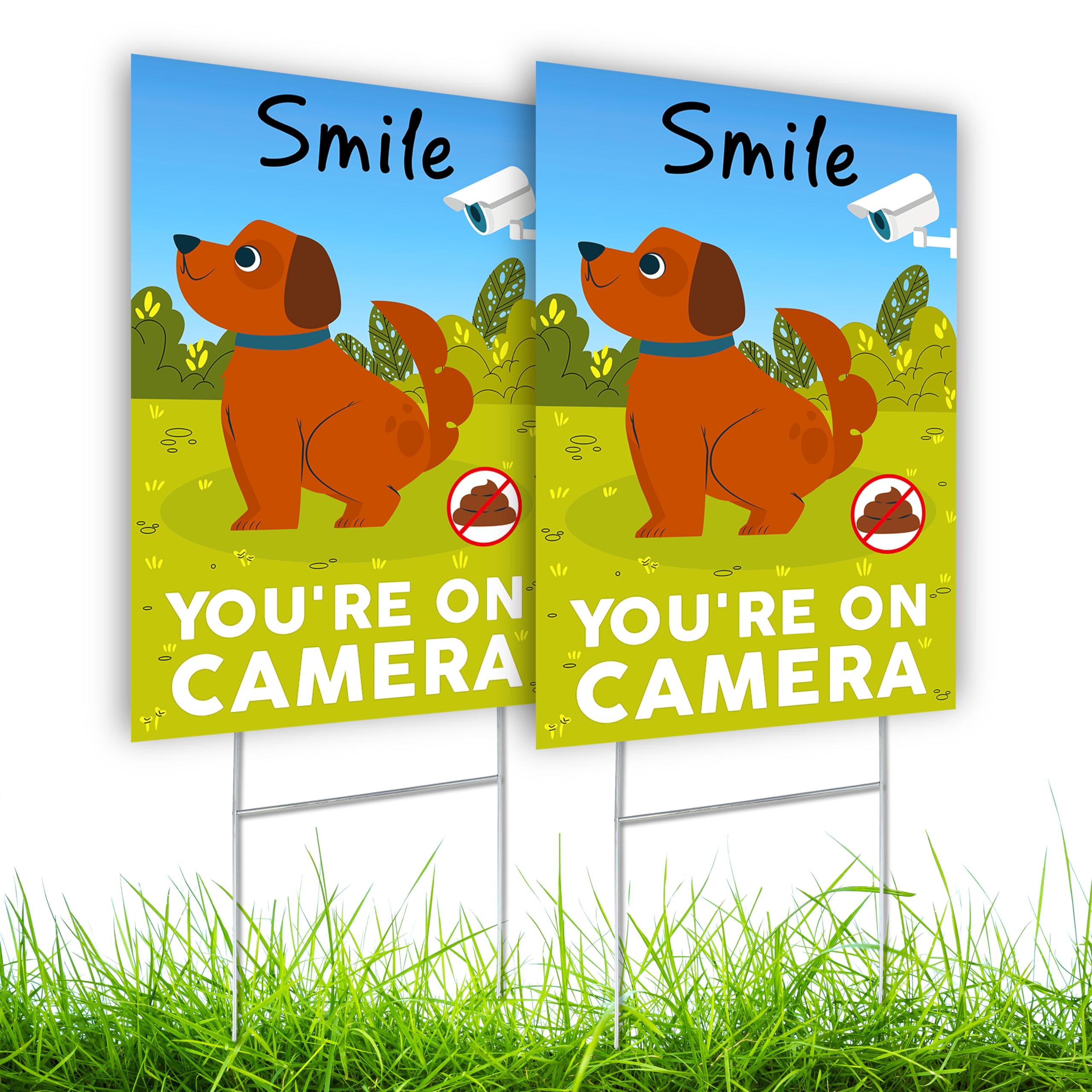 2 Pc Smile You'Re On Camera Signs - 8X12 Double Sided Coroplast No Dog Poop Signs For Yard - Surveillance Camera - Pick Up After