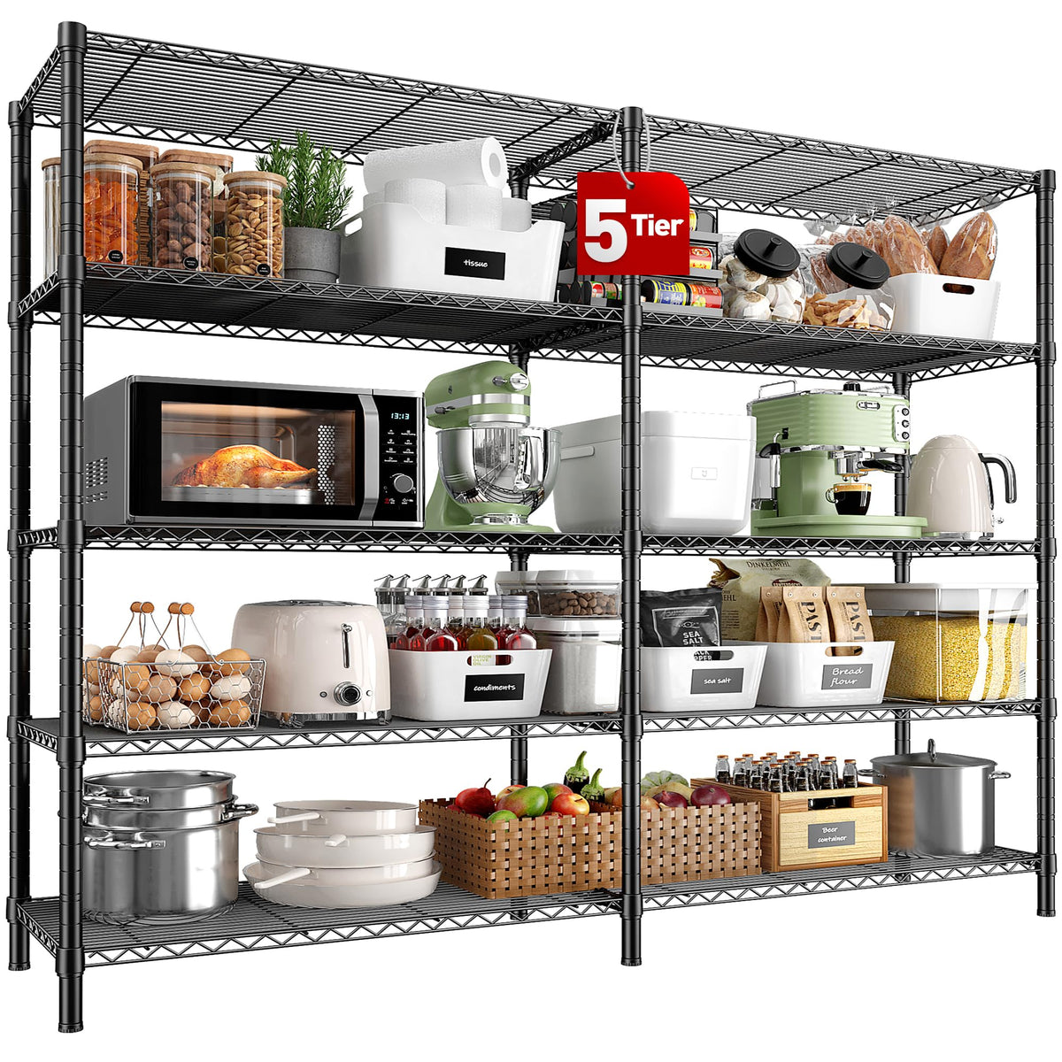 REIBII 5 Tier Storage Shelves 1400LBS Wire Shelving Unit Metal Shelving for Storage Rack Shelves for Storage Heavy Duty Garage S