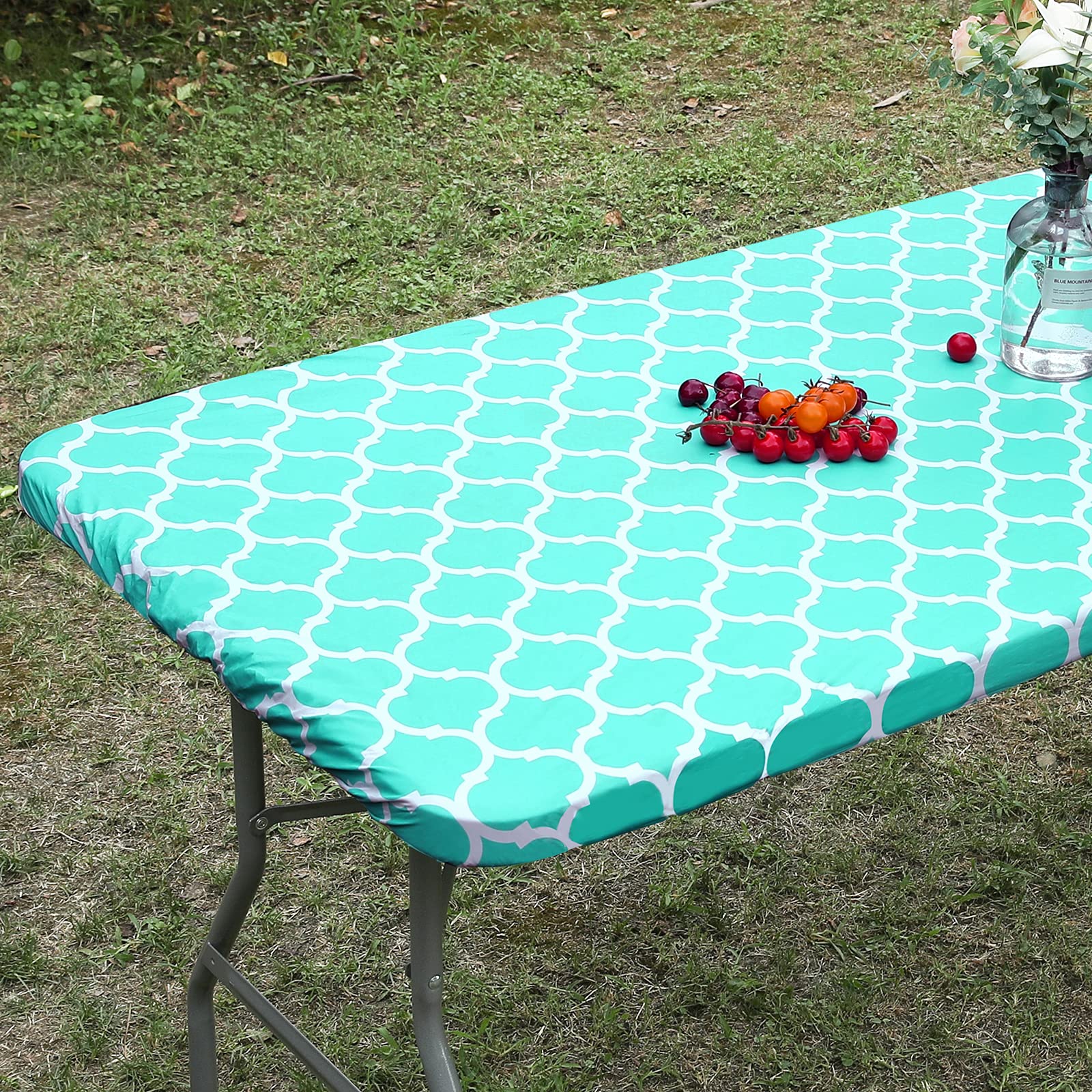 Smiry Rectangle Picnic Tablecloth, Waterproof Elastic Fitted Table Covers For 8 Foot Tables, Wipeable Flannel Backed Vinyl Table