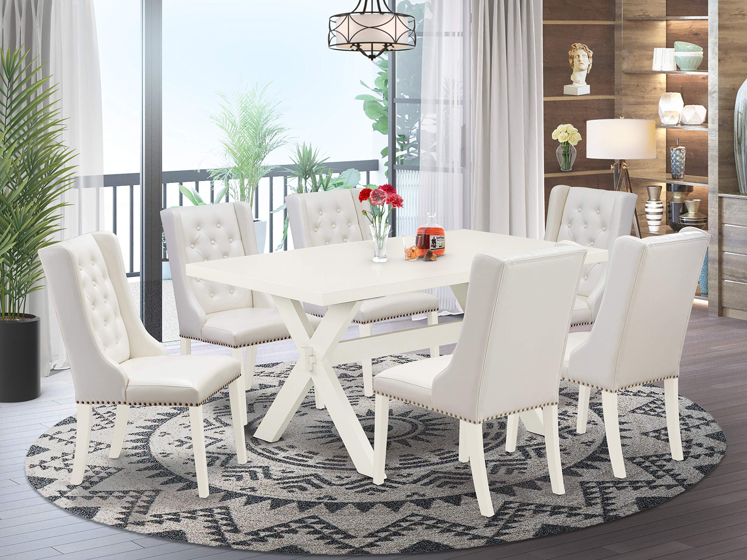 East West Furniture X026FO244-7 7 Piece Dining Table Set Consist of a Rectangle Dining Room Table with X-Legs and 6 Light grey Faux Leather Parsons Chairs, 36x60 Inch, Multi-Color