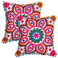 Stylo Culture Decorative Cotton Cushion Covers 16X16 Inch Suzani Embroidered Pom Pom Lace White & Red Living Room Decor Floral E