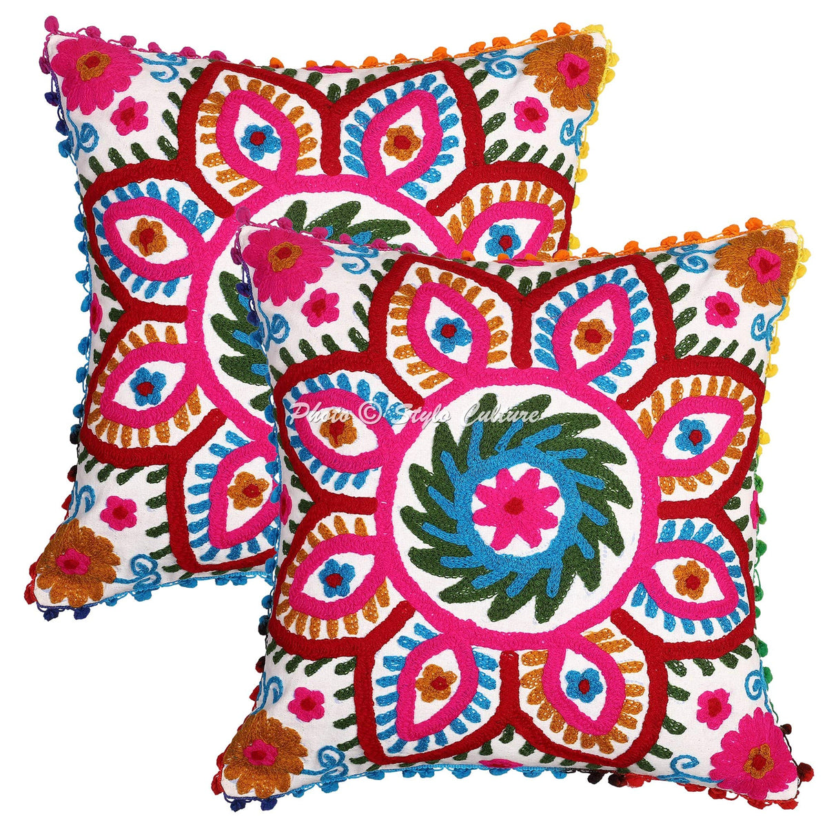 Stylo Culture Decorative Cotton Cushion Covers 16X16 Inch Suzani Embroidered Pom Pom Lace White & Red Living Room Decor Floral E