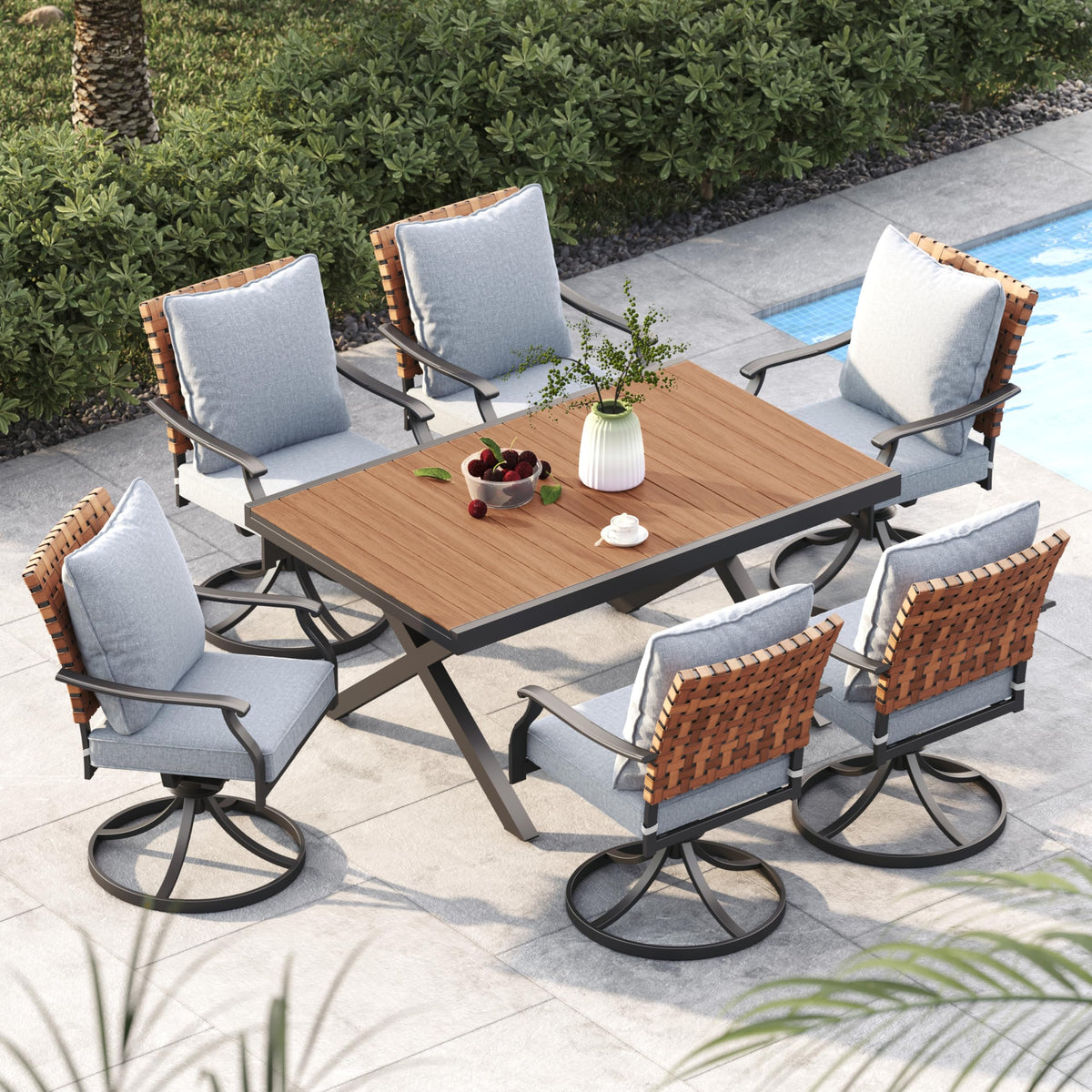 Grand Patio 7-Piece Outdoor Dining Set, 6 Leather-Look Wicker Swivel Patio Chairs & 1 Extendable Rectangular Dining Table, Brown