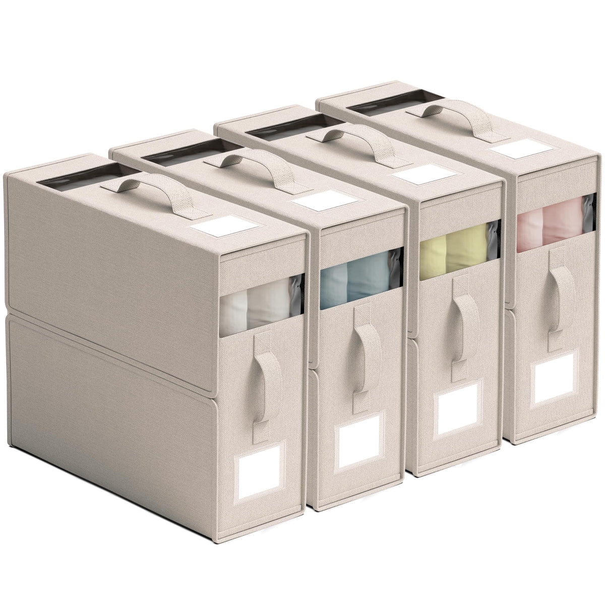 Ornavo Home Linen Bed Sheet Organizer Bins 4 Pack, With Handles, Beige