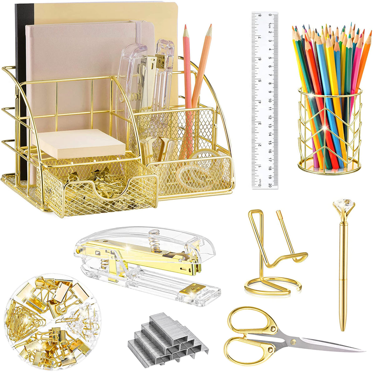 Kaakow Gold Desk Organizers And Accessories Office Supplies Set Stapler, Pen Holder, Phone Holder, Scissors, Pen, Ruler, 30 Pape