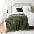 Battilo Home Olive Green Throw Blanket For Couch, Soft Chenille Knit Throws With Tassels For Home Decor, Green Throws For Couch
