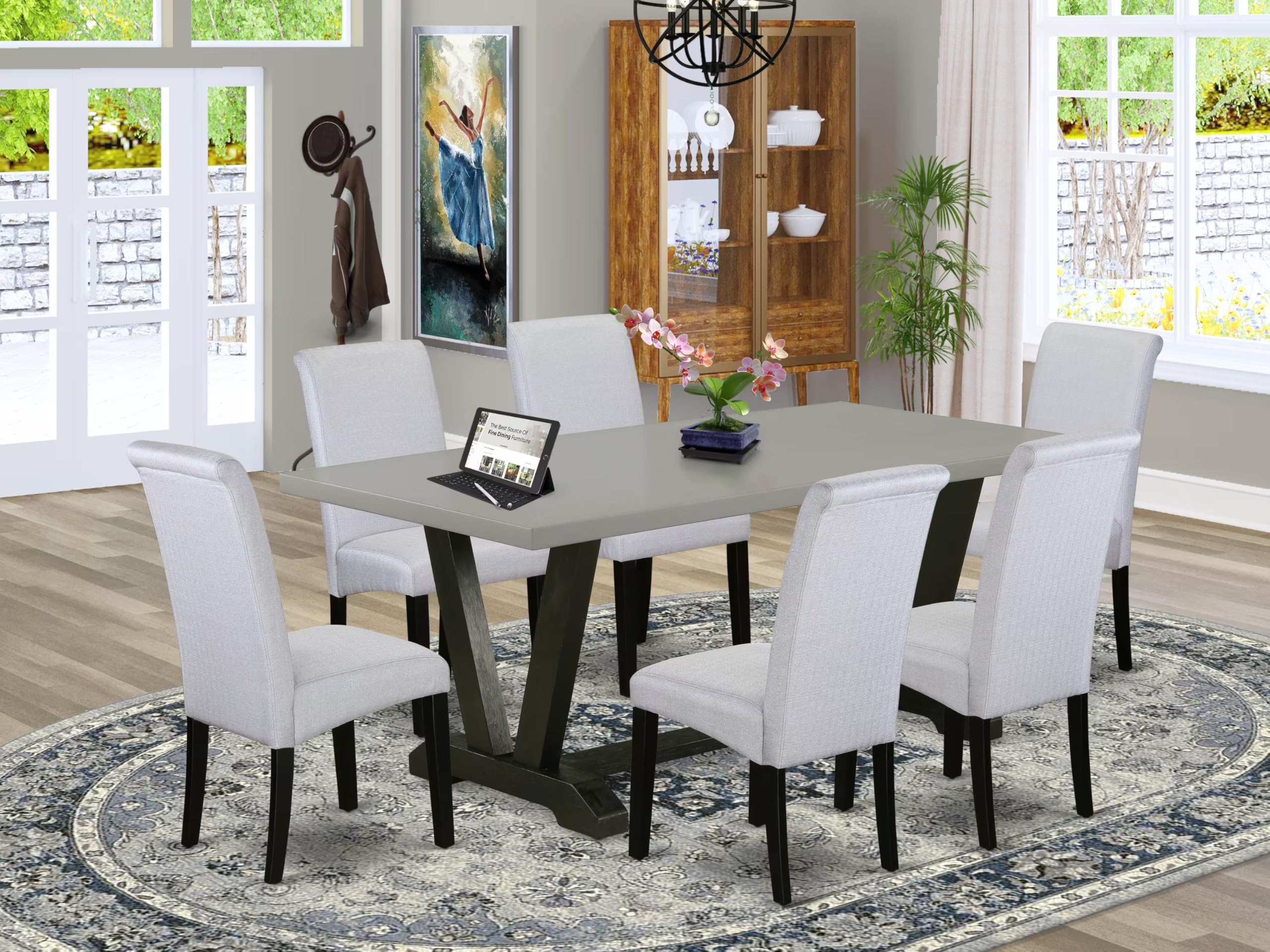 East West Furniture V697Ba105-7 7 Piece Dining Set Consist Of A Rectangle Dining Room Table With V-Legs And 6 Grey Linen Fabric Upholstered Chairs, 40X72 Inch, Multi-Color