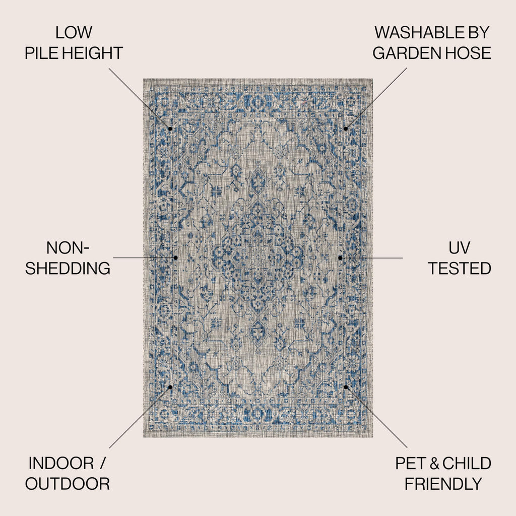 Jonathan Y Smb102B-5Sq Rozetta Boho Medallion Textured Weave Indoor Outdoor -Area Rug Coastal Bohemian Rustic Glam Easy-Cleaning Bedroom Kitchen Backyard Patio Non Shedding, 5' Square, Gray/Navy