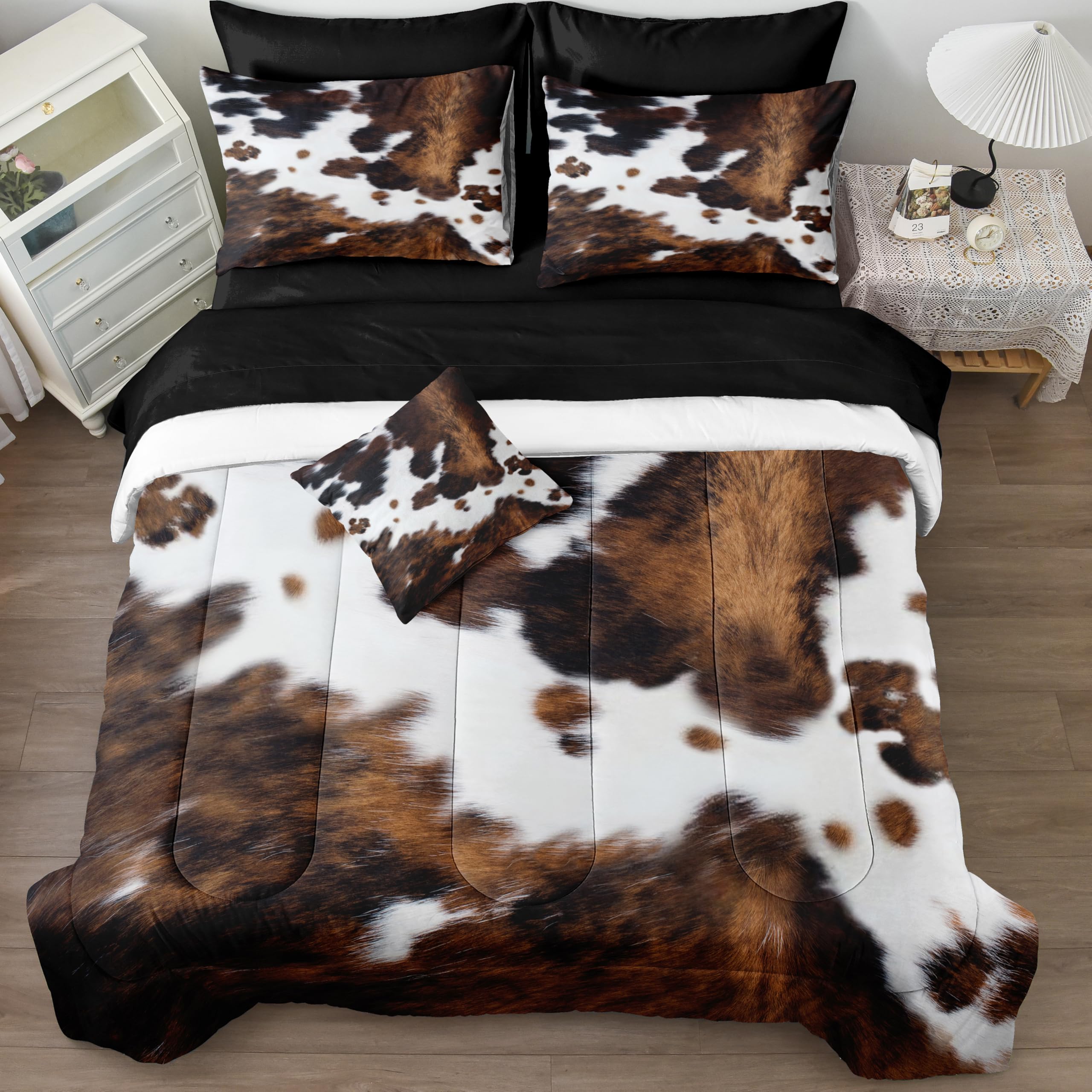 Bedbay Cow Print Comforter Set Queen Size Animal Skin Bedding 8 Pcs Queen Bed In A Bag Western Cowhide Rustic Bedding Brown Milk