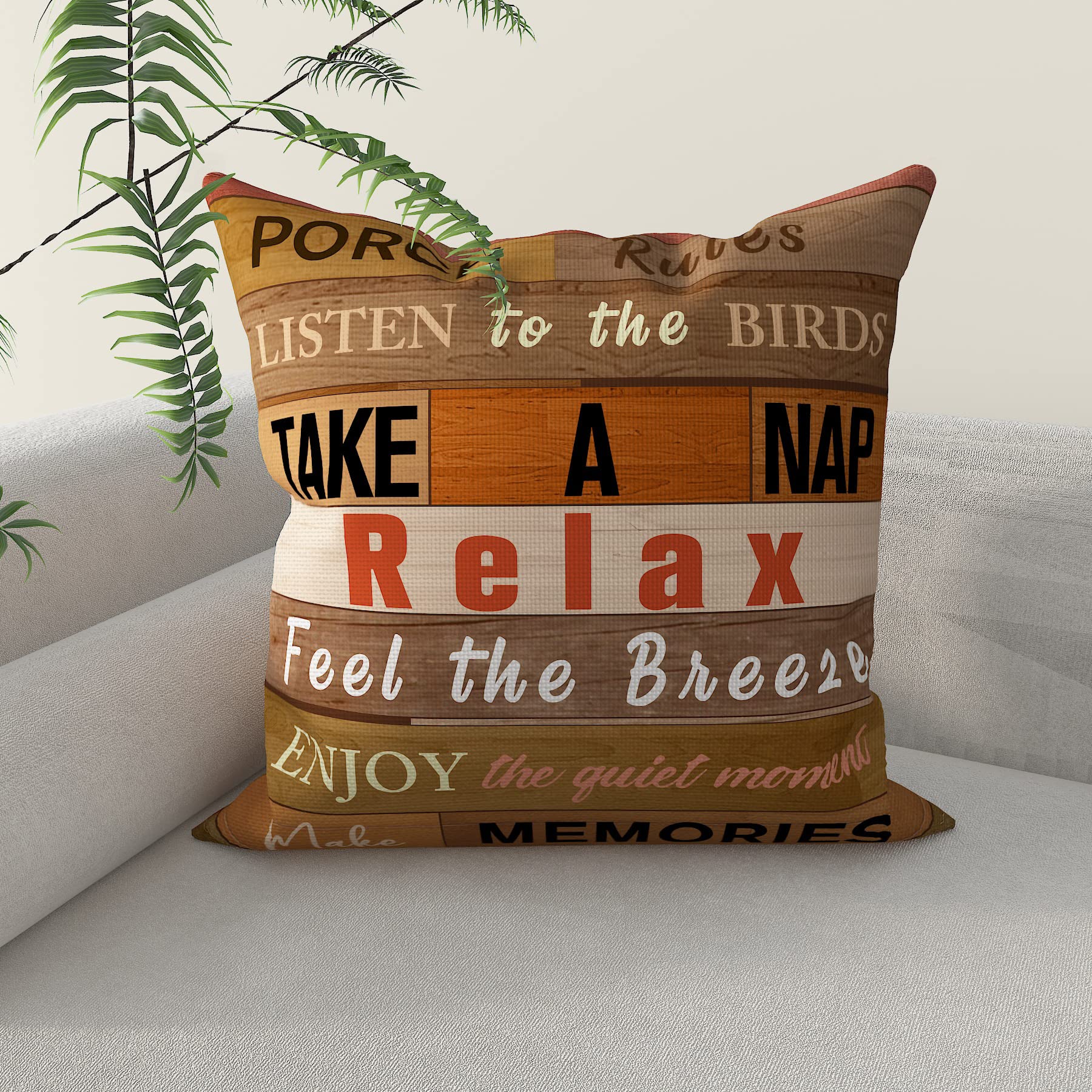 Porch Rules Throw Pillow Case, 18' X 18' Decorative Throw Pillowcase, Warm Lettering Quotes With Retro Wood Grain Background B