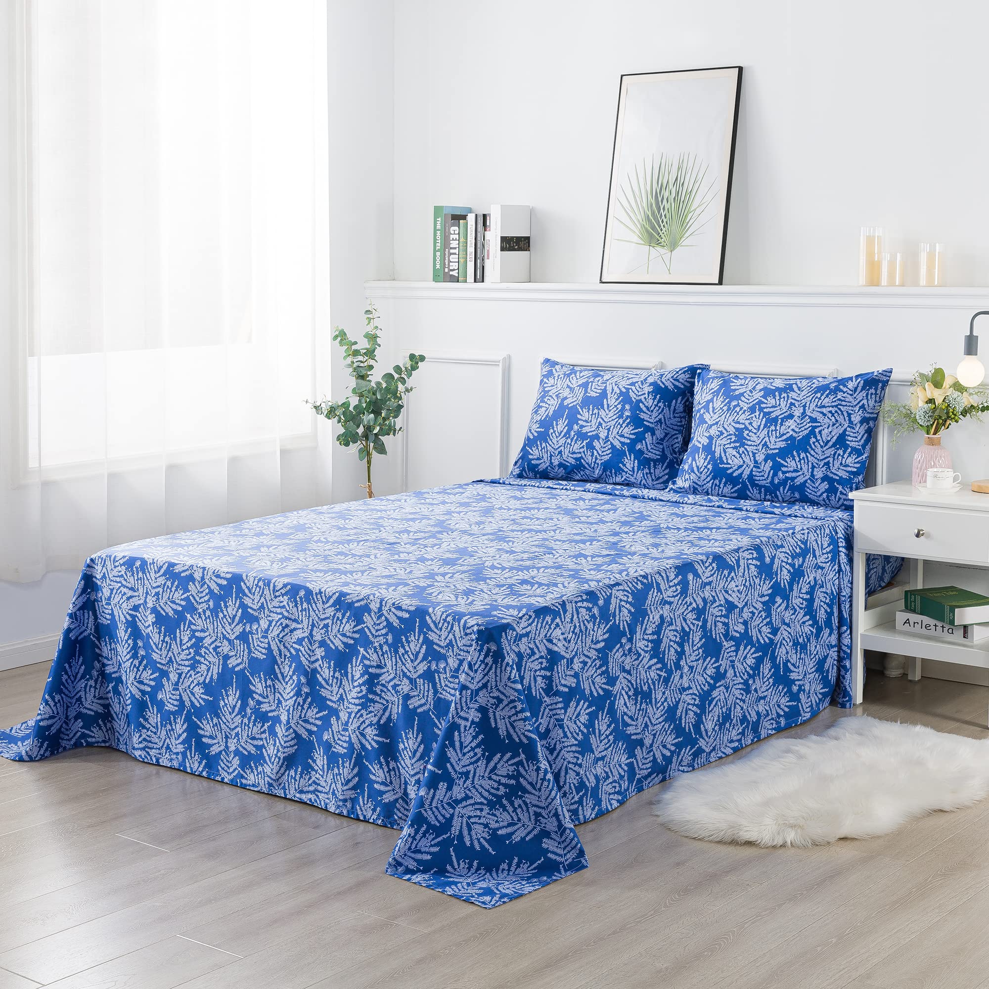 Softta Vintage Blue Bed Sheet Set King 4Pcs Deep Pocket Flat Sheet Set + Fitted Sheet Set +2 Pillowshams Shabby White Branch Lea