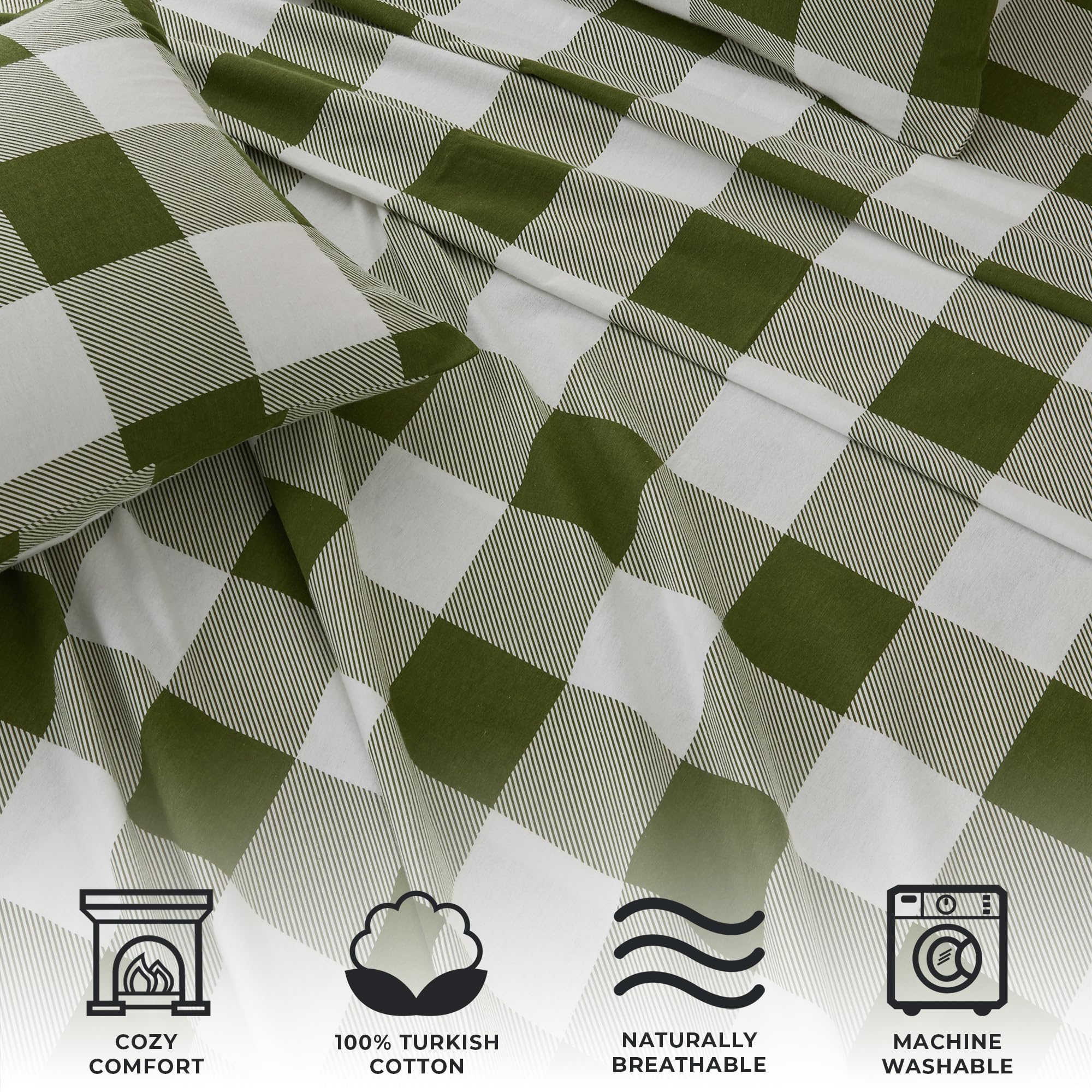 4 Piece 100% Turkish Cotton King Green Printed Flannel Sheets Set | Deep Pocket, Soft Sheets | Warm, Double Brushed Bed Sheets |