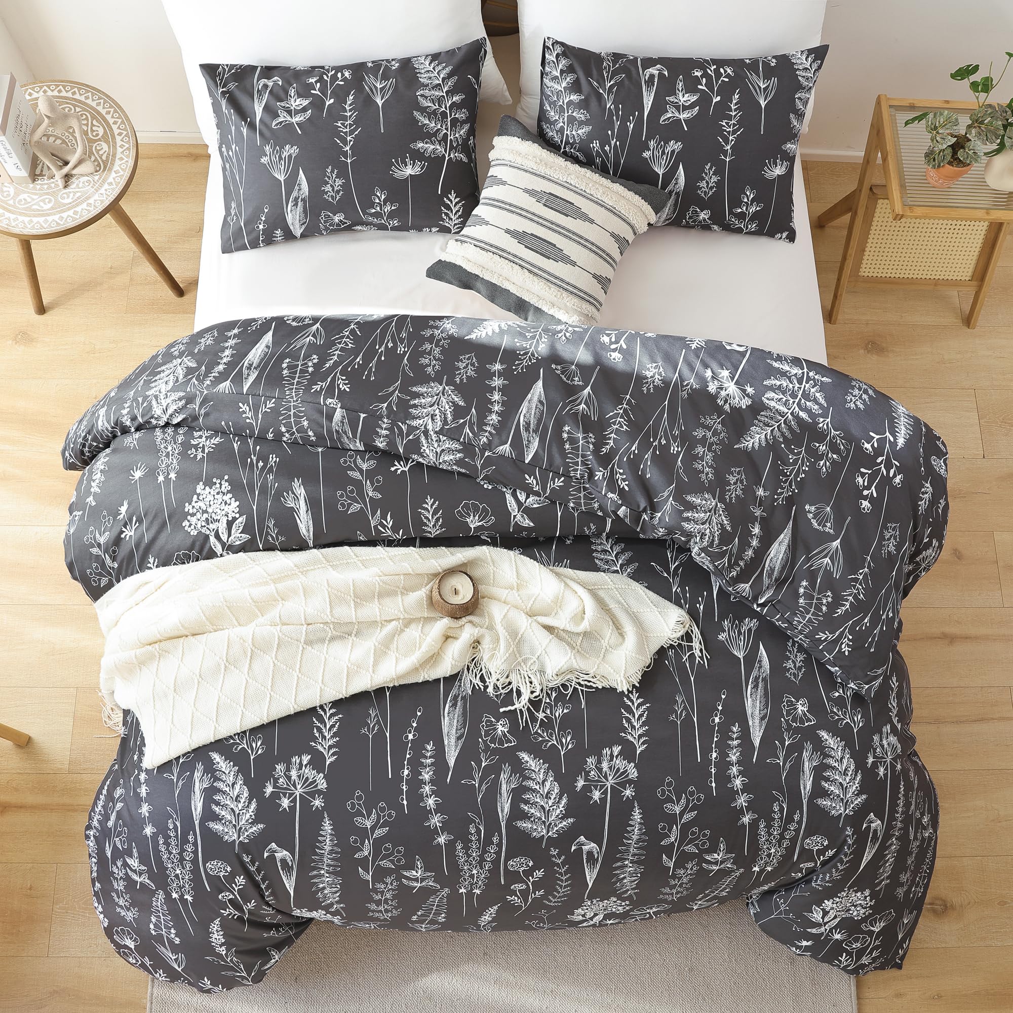 Janzaa Full Comforter Set Dark Grey Comforter Floral Bedding Sets 3 Pieces Flowers Bed Comforter 1 Soft Reversible Cute Botanical With 2 Pillow Shams