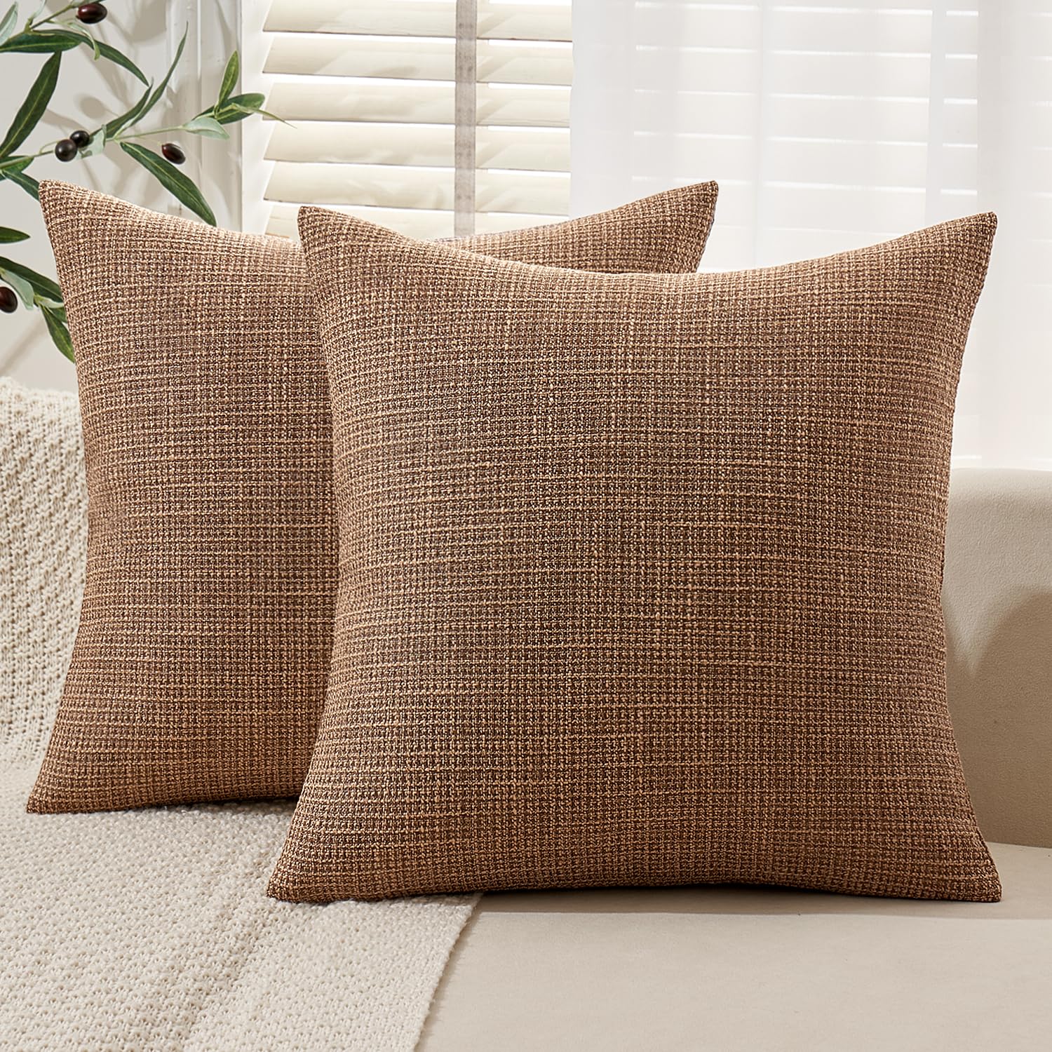 Miulee Burlap Linen Throw Pillow Covers 20X20 Inch Brown Decorative Pillow Covers Modern Farmhouse Pillowcases Soft Accent Cushi