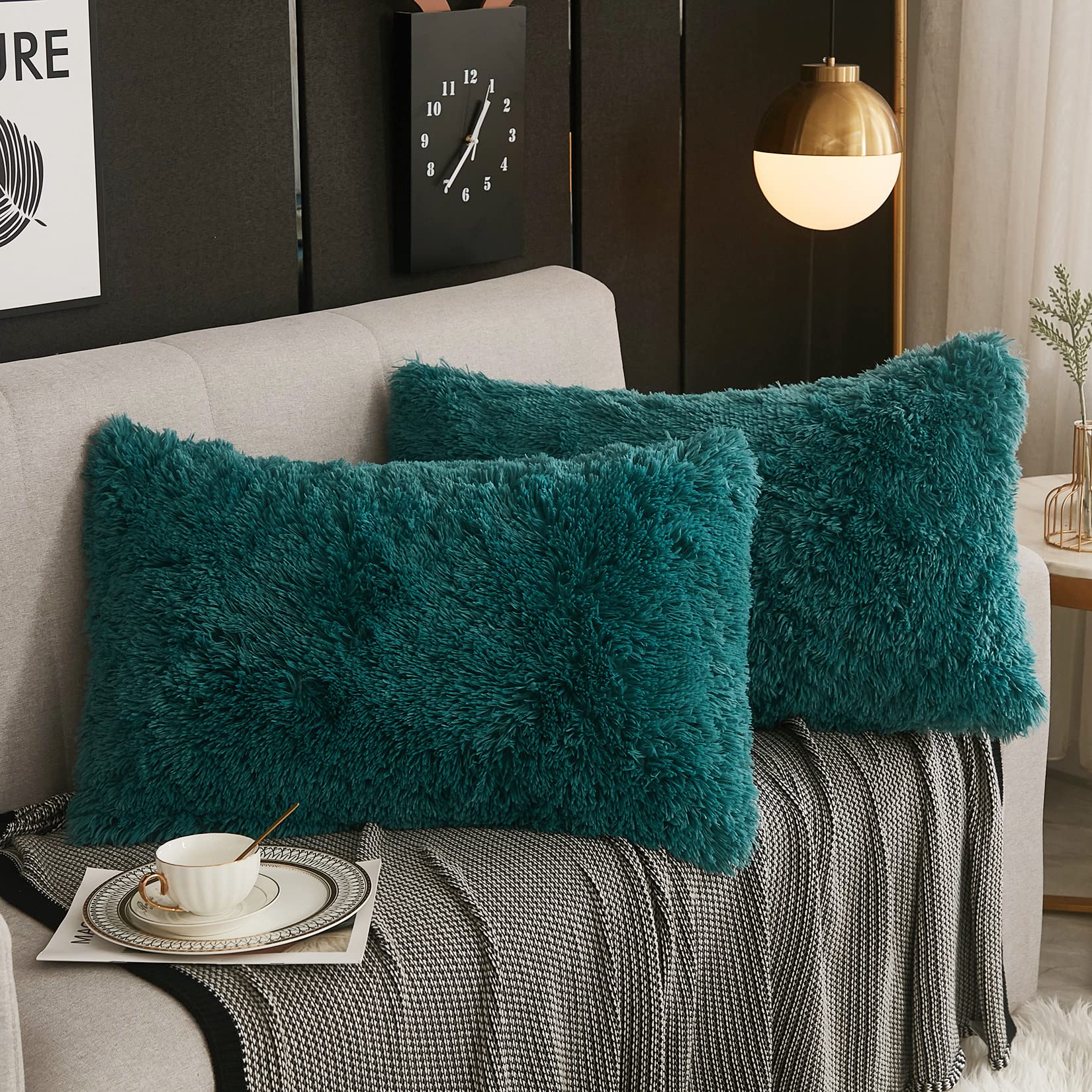 Werdim Shaggy Fluffy Faux Fur Pillowcases 2 Pack Button Closure Velvet Pillow Shams King Size (Teal Green, 20 X 36 Inches)