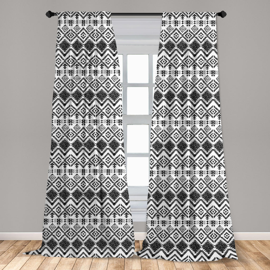 Ambesonne Geometric Curtains, Monochrome Hand Drawn Tribal Pattern Abstract Aztec Motifs Civilizations, Window Treatments 2 Pane