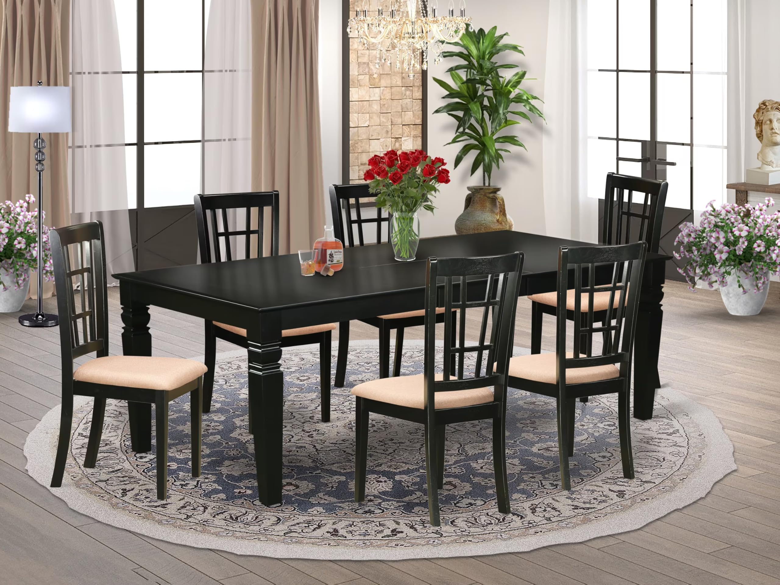 East West Furniture LGNI7-BLK-C 7 Piece Kitchen Table Set Consist of a Rectangle Dining Table with Butterfly Leaf and 6 Linen Fabric Dining Room Chairs, 42x84 Inch, Black
