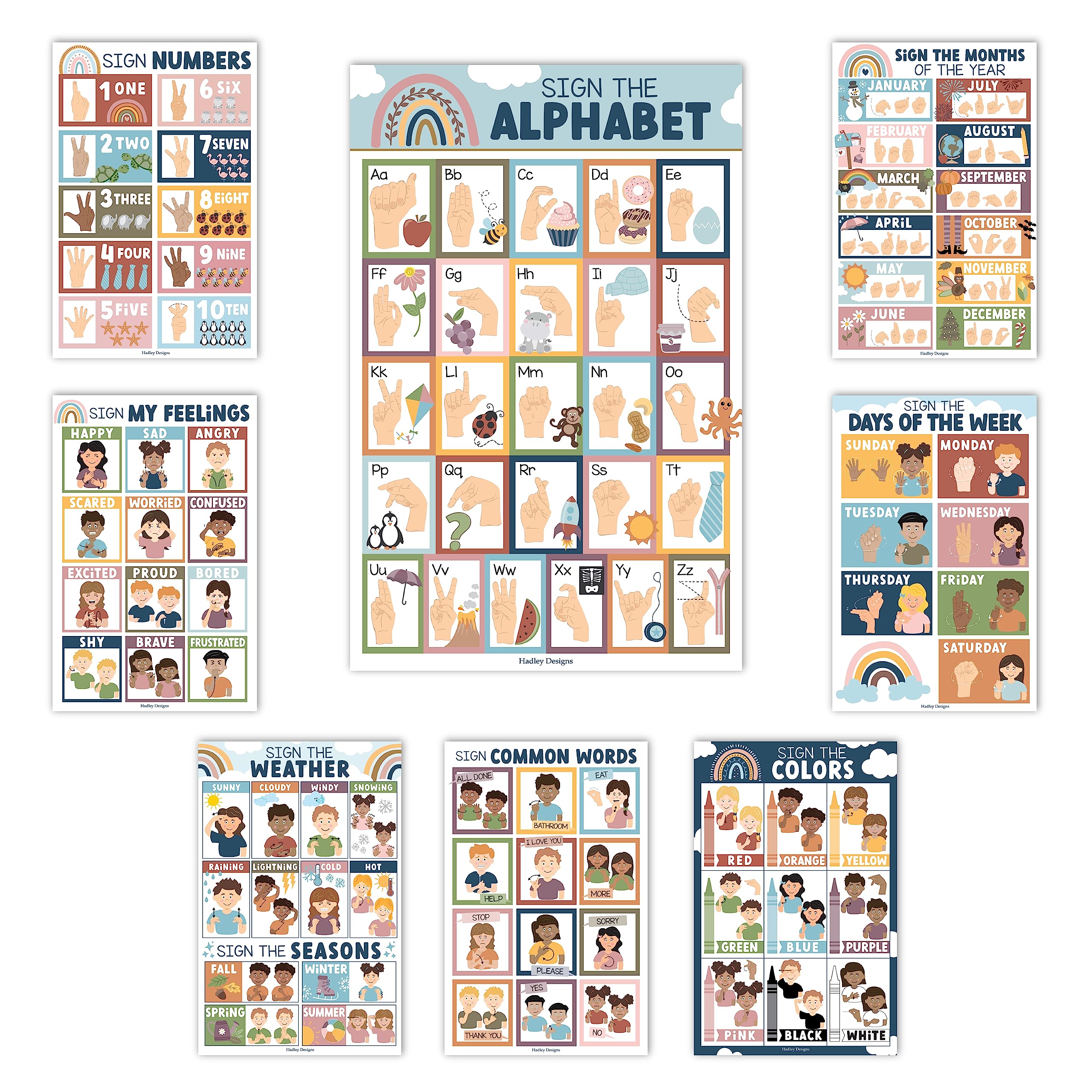 Hadley Designs 8 Boho American Sign Language Poster For Kids - Sign Language For Babies And Toddlers, Asl Posters For Classroom