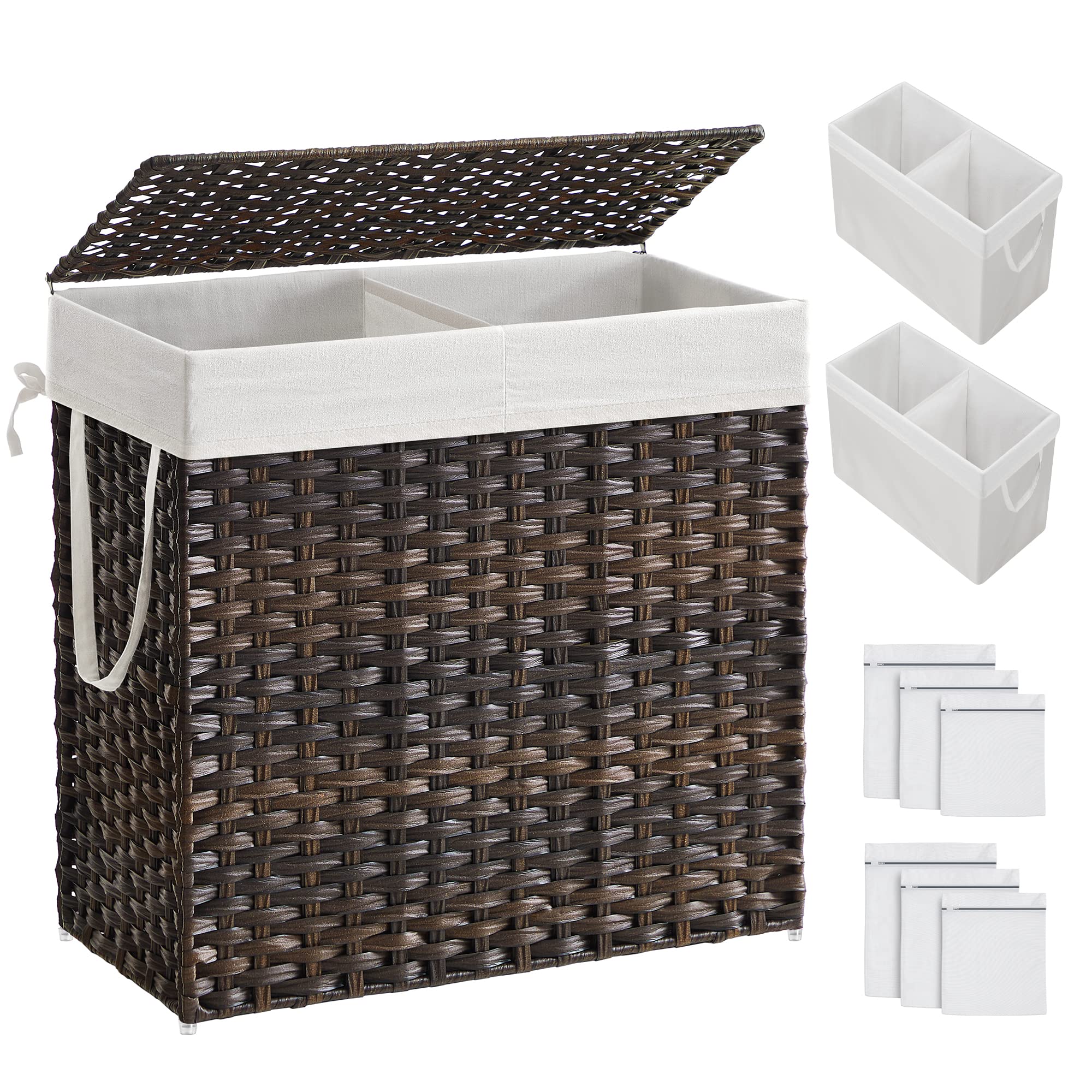 SONGMICS Laundry Hamper with Lid, 130L Clothes Hamper with 2 Removable Liner Bags and 6 Mesh Bags, Wicker Laundry Basket, Double