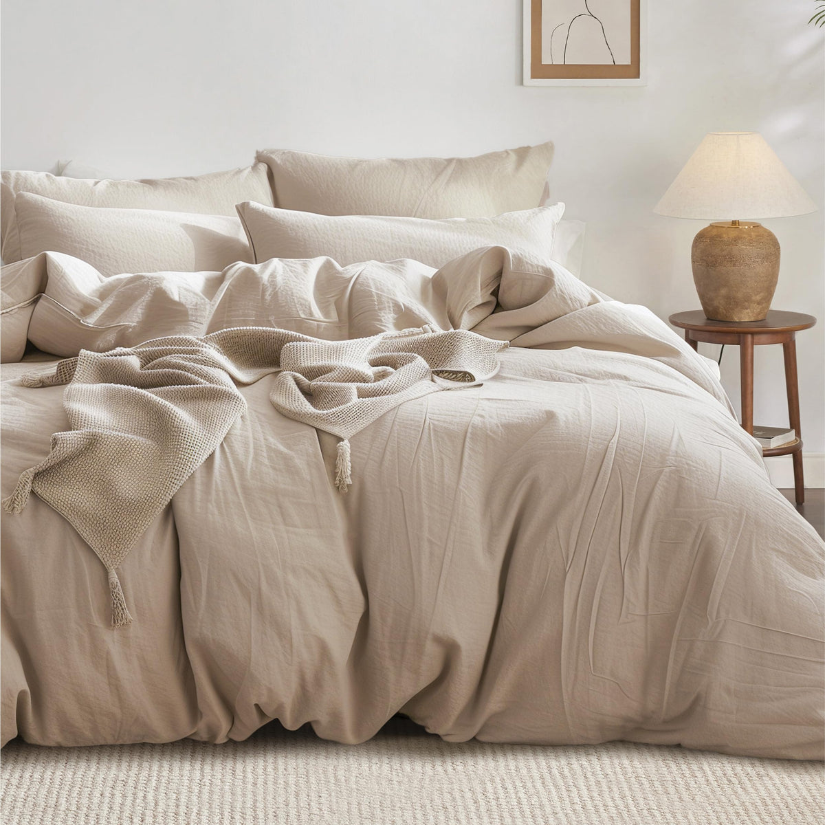 Bedsure 100% Washed Cotton Duvet Cover Cal King - Warm Sand Minimalist Cotton Duvet Cover Linen Like - 3 Pieces Plain Simple Bed