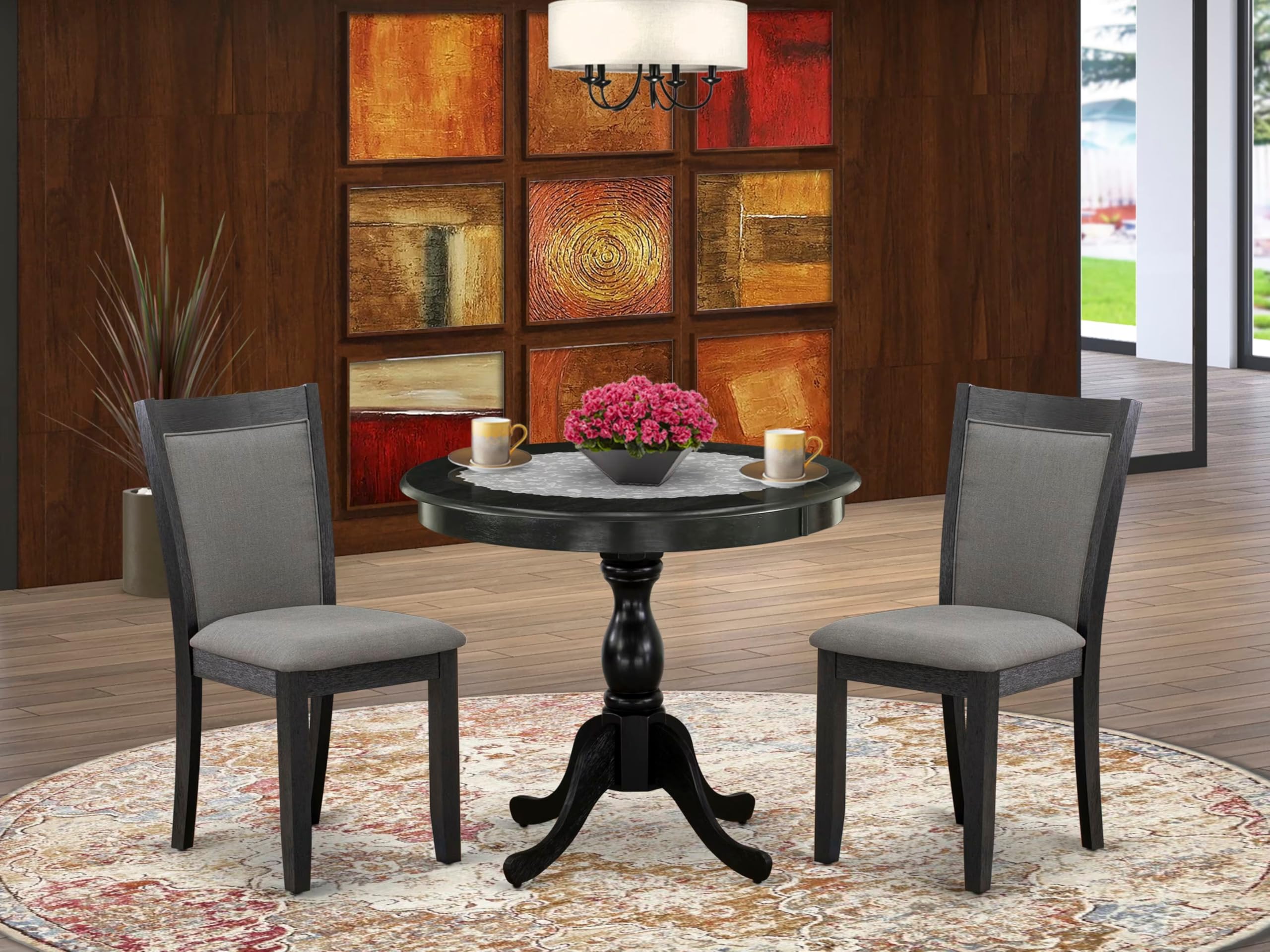 East West Furniture AMMZ3-AB6-50 3 Piece Dining Table Set Contains a Round Kitchen Table with Pedestal and 2 Dark Gotham Grey Linen Fabric Upholstered Chairs, 36x36 Inch, Wirebrushed Black