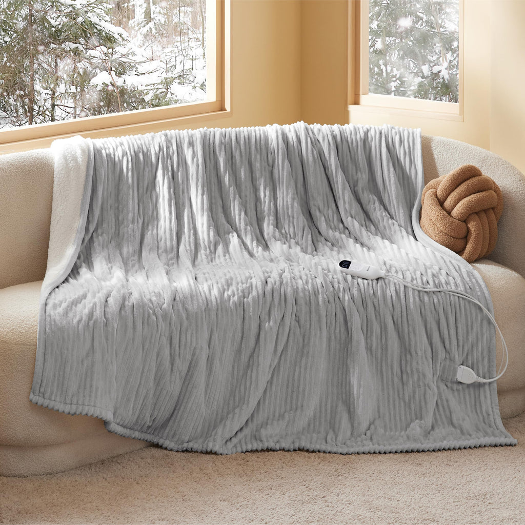 Bedsure Electric Blanket Twin - Soft Ribbed Flannel Heated Blanket, Heating With 10 Time Settings, 6 Heat Settings, And 8 Hrs Timer Auto Shut Off, Warm Gift For Grandma (62X84 Inches, Light Grey)