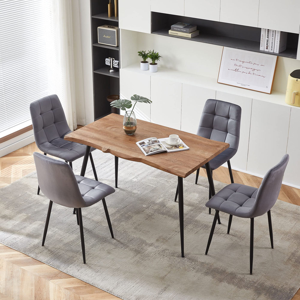 Nordicana 5-Piece Dining Table Set, 47 In Modern Irregular Rectangle Kitchen Table & 4 Grey Velvet Upholstery Side Chairs, Metal