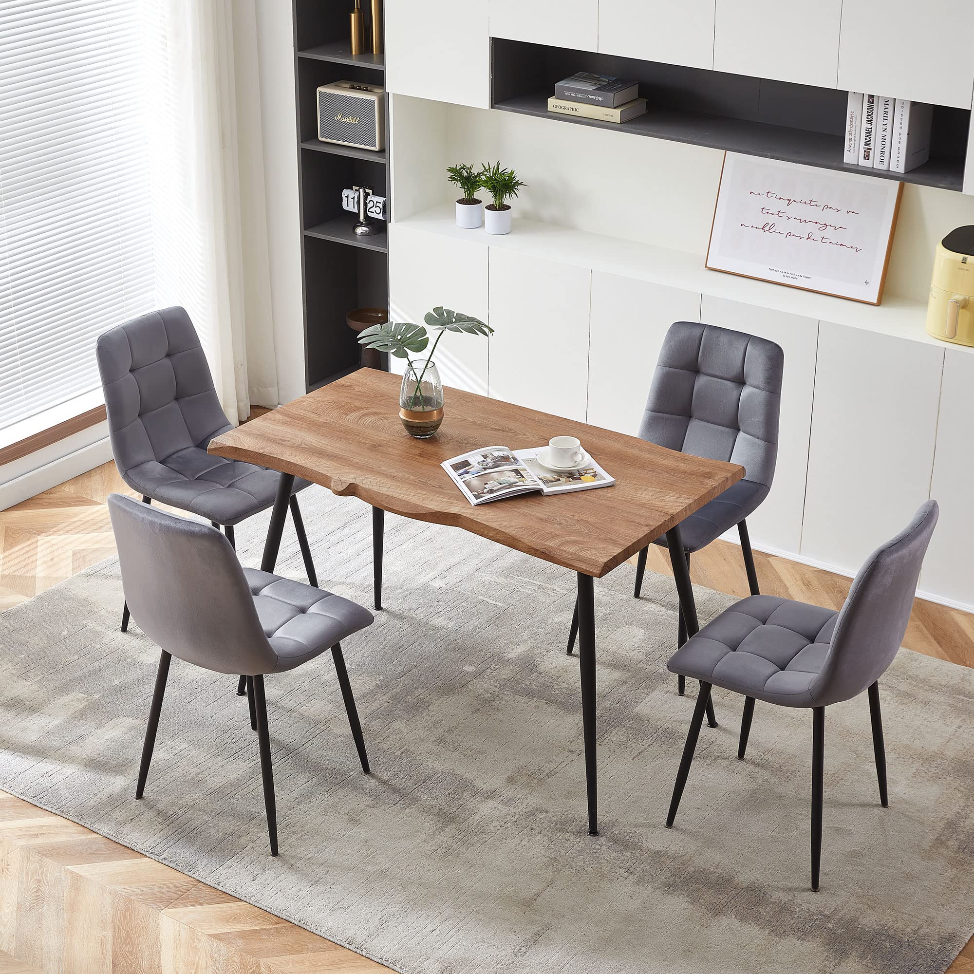 Nordicana 5-Piece Dining Table Set, 47 In Modern Irregular Rectangle Kitchen Table & 4 Grey Velvet Upholstery Side Chairs, Metal