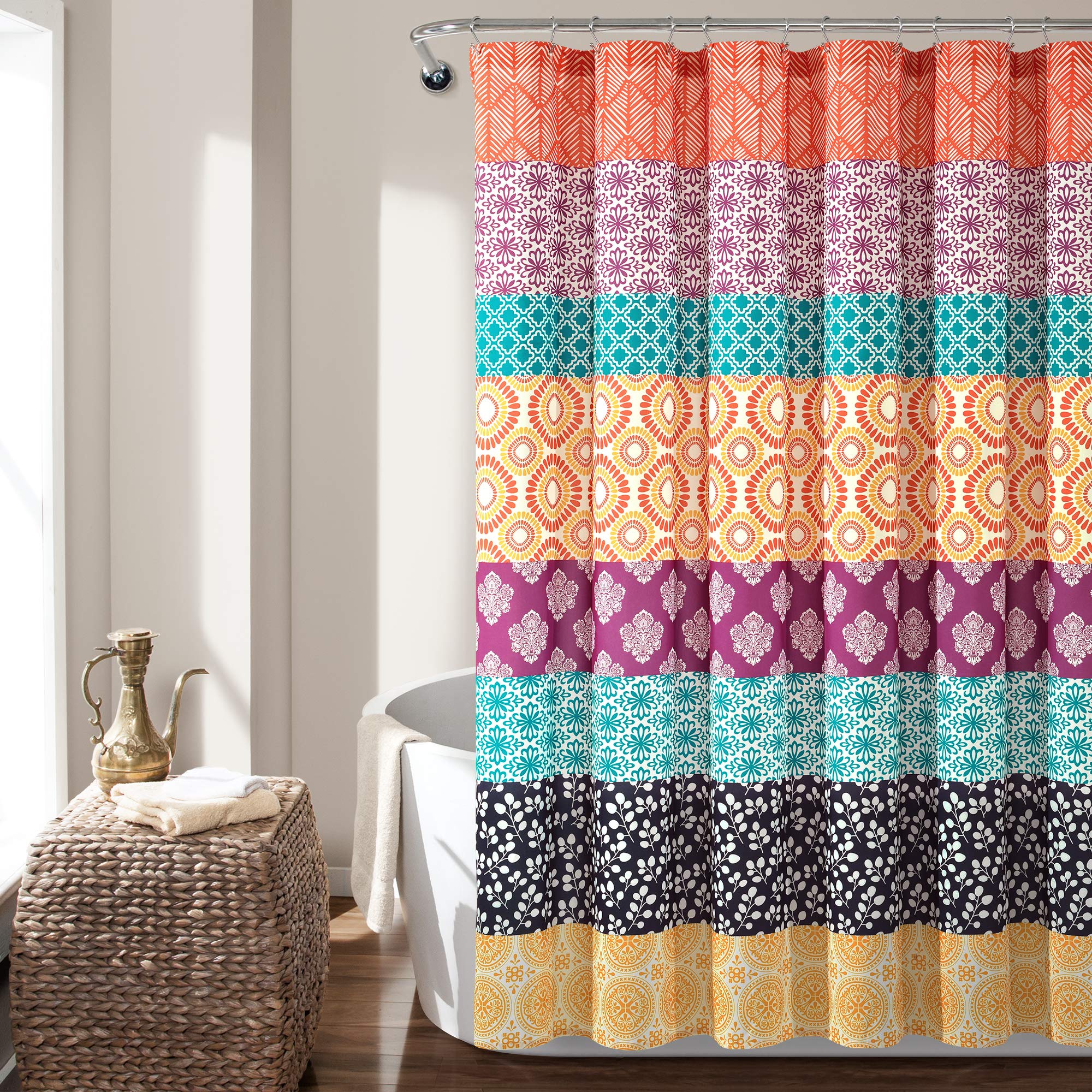 Lush Decor Bohemian Stripe Shower Curtain, 72' W X 72' L, Fuchsia & Orange - Boho Shower Curtain - Colorful Striped Bathroom C