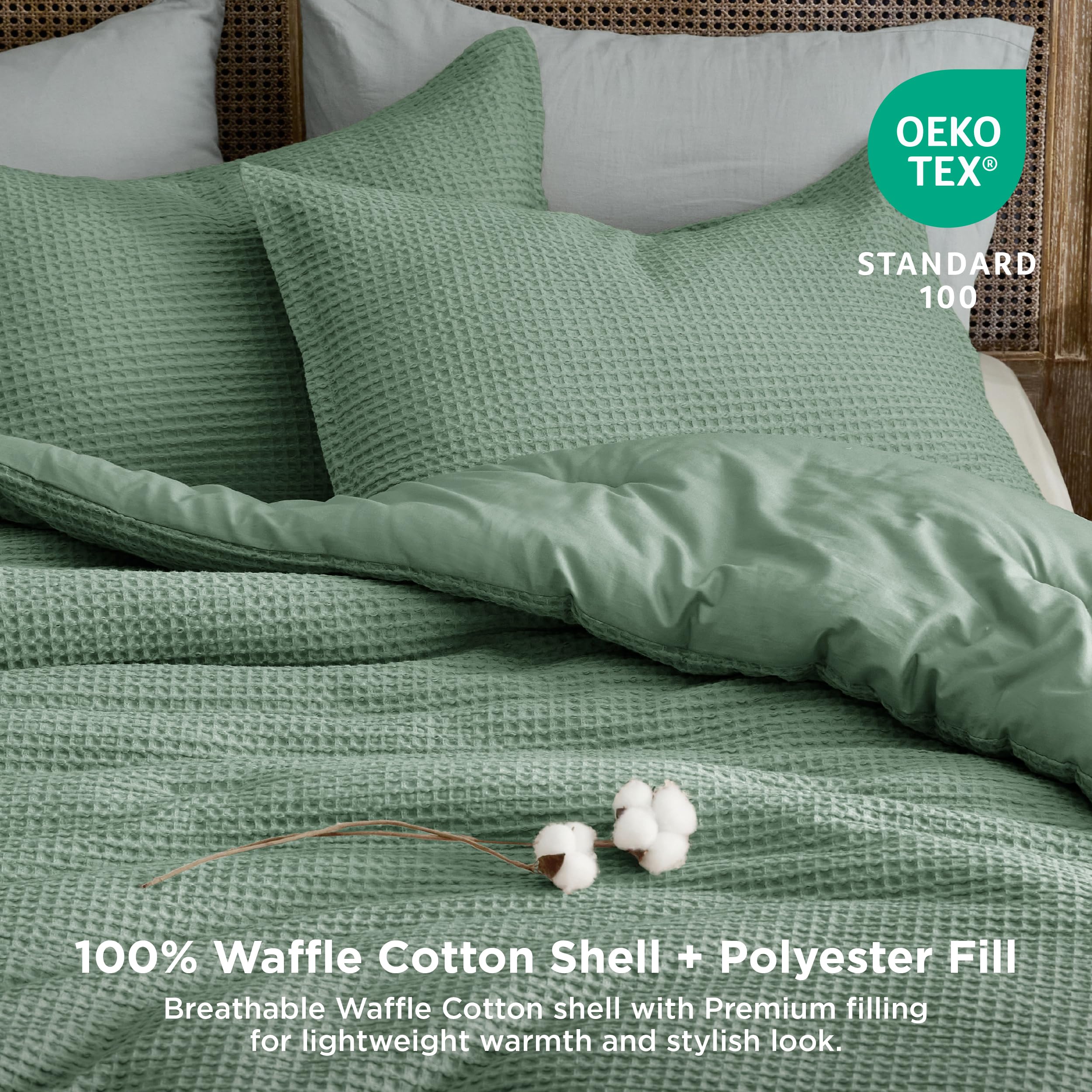 Bedsure Waffle Comforter Set King, Green Soft Cotton Bedding Set For All Seasons, Waffle Weave Bed Set, 3 Pieces, 1 Comforter (104'X90') And 2 Pillow Shams, Premium Cotton Cover With Polyester Fill