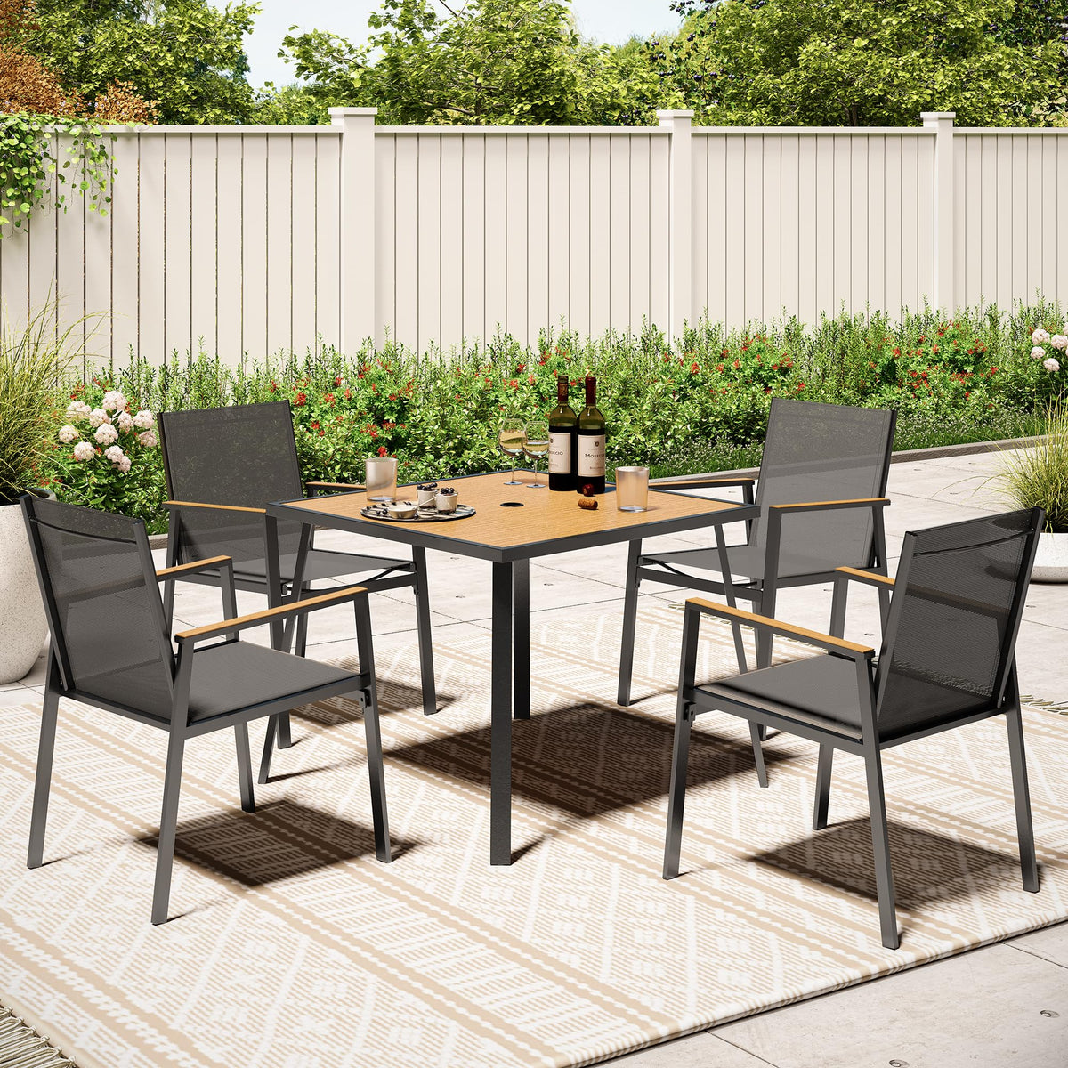 Lausaint Home 5 Pieces Outdoor Dining Set, Patio Furniture Set Of 4 Textilene Chairs With Square Metal Slatted Table With Umbrella Hole, Outdoor Table And Chairs Set For Backyard, Garden, And Poolside