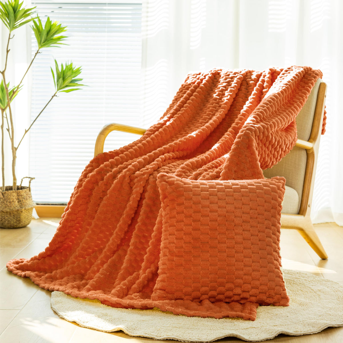 Bnuitland Orange Flannel Throw Blanket (50X71 Inches) With Pillow Cover(18X18 Inches), 300 Gsm Cozy Warm Soft Fleece Home Decor