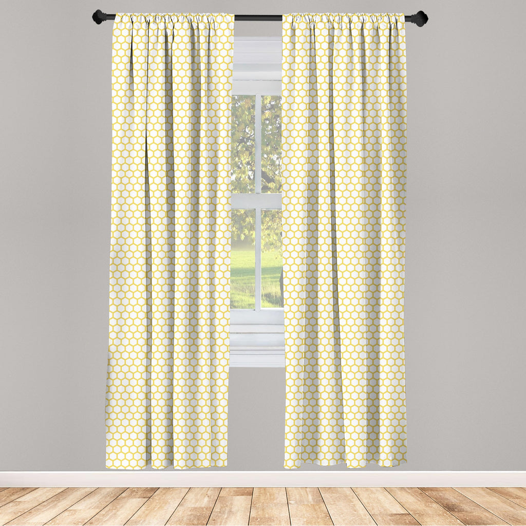 Ambesonne Yellow And White Window Curtains Pack Of 2, Hexagonal Pattern Honeycomb Beehive Simplistic Geometrical Monochrome, Lig