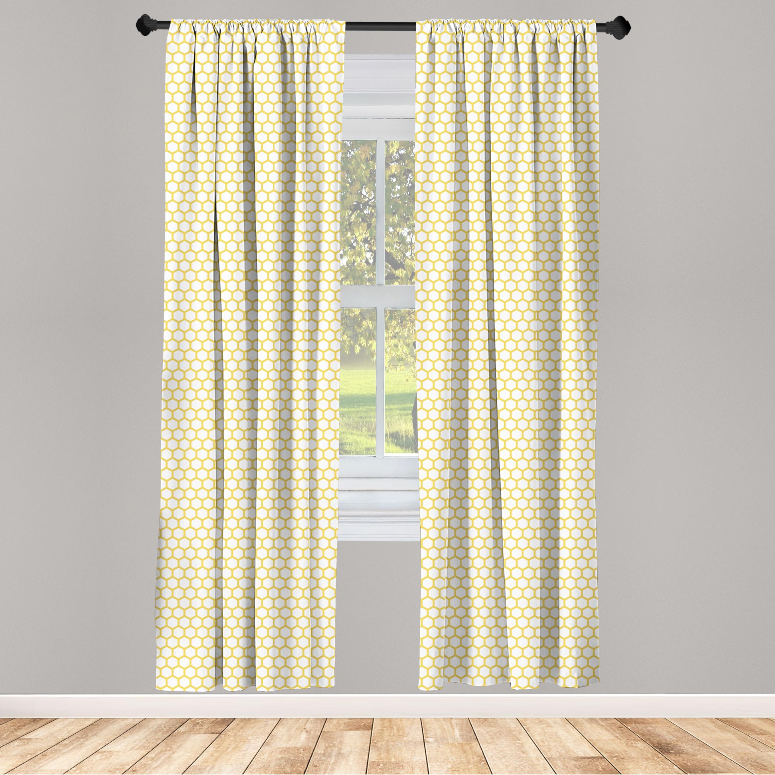 Ambesonne Yellow And White Window Curtains Pack Of 2, Hexagonal Pattern Honeycomb Beehive Simplistic Geometrical Monochrome, Lig