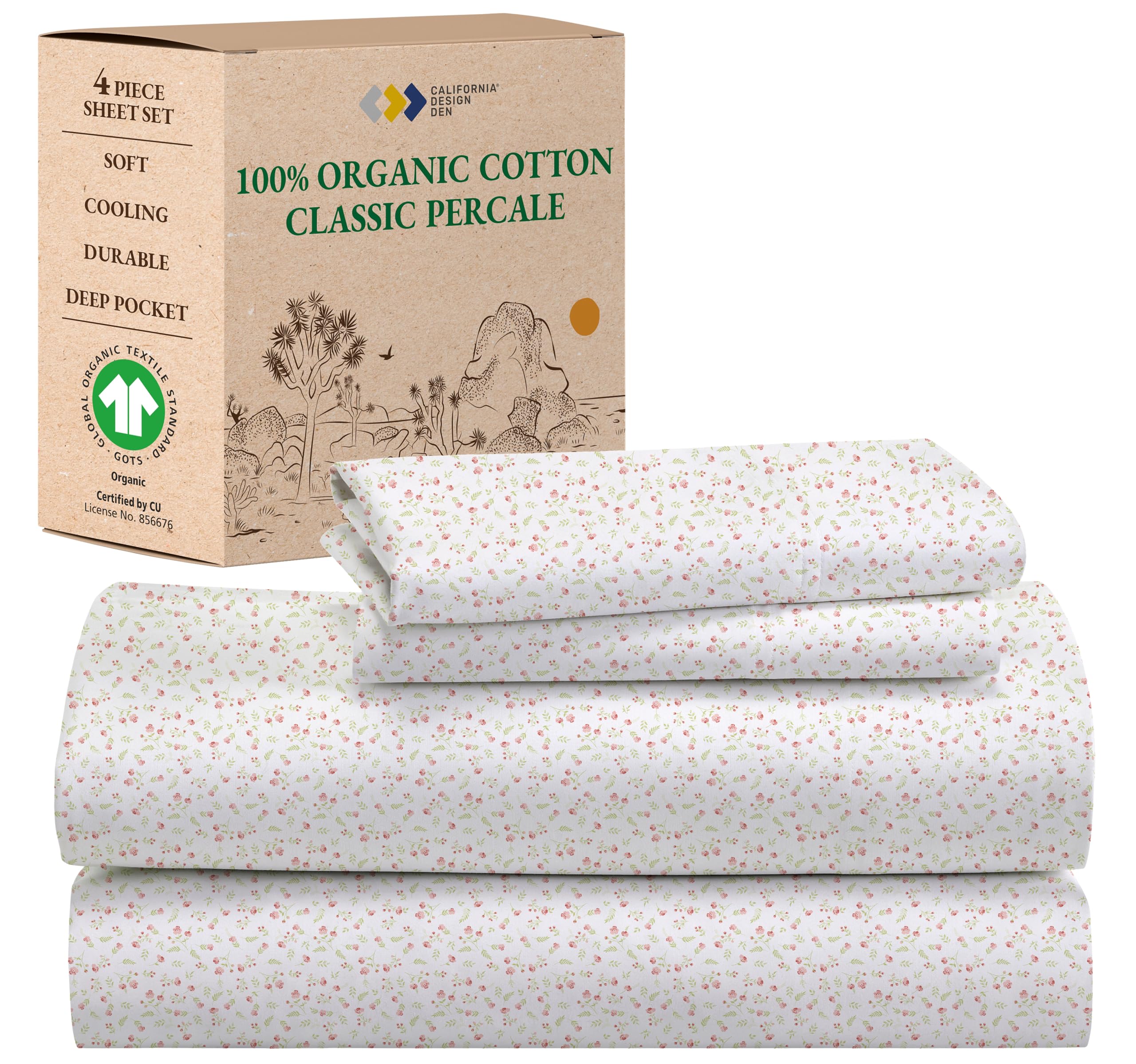 California Design Den Cal King Floral Sheet Set, 100% Organic Cotton Percale Sheets, Deep Pocket California King Sheets & Pillowcase Set - Floral