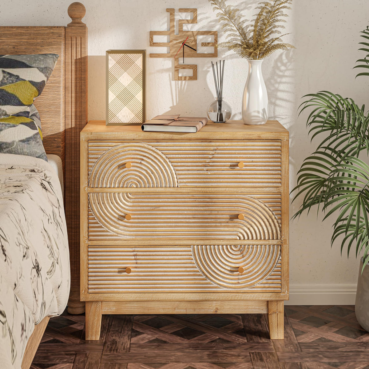 Cozayh 3-Drawer Farmhouse Dresser With Handicraft Wood Ring Motif, Fully Assembled Nightstand Wooden Finish For Boho, Mid-Century, Natural Wood, Rustic Style