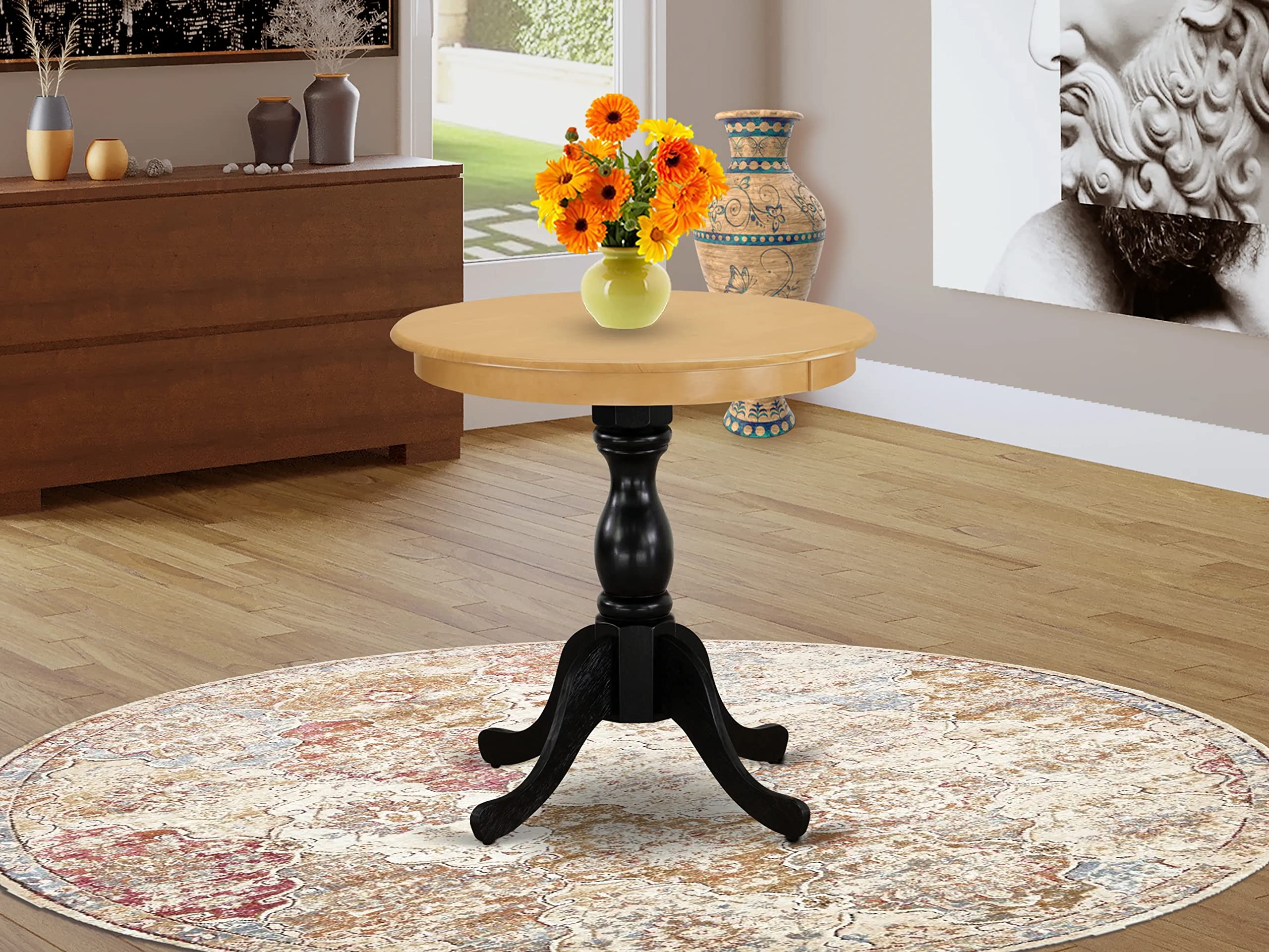 East West Furniture Est-Obl-Tp Eden Dining Room Table - A Round Kitchen Table Top With Pedestal Base, 30X30 Inch, Oak & Black