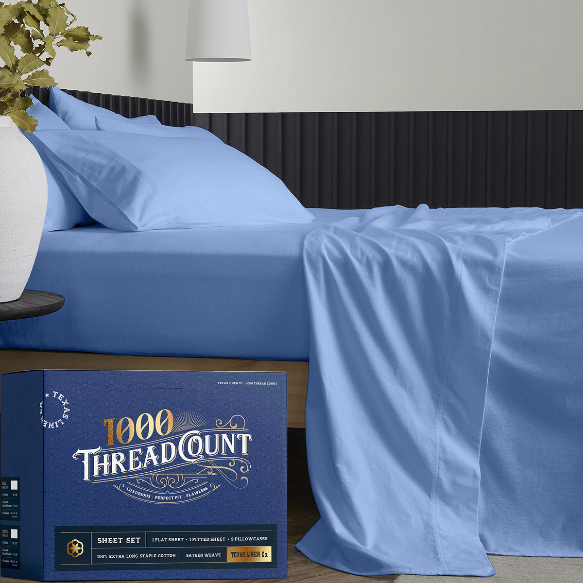 Pure Split King Sheets Sets For Adjustable Bed (Deep Blue, 1000 Thread Count) Sheets And Pillowcase Sets (5 Piece) - Sateen Weav