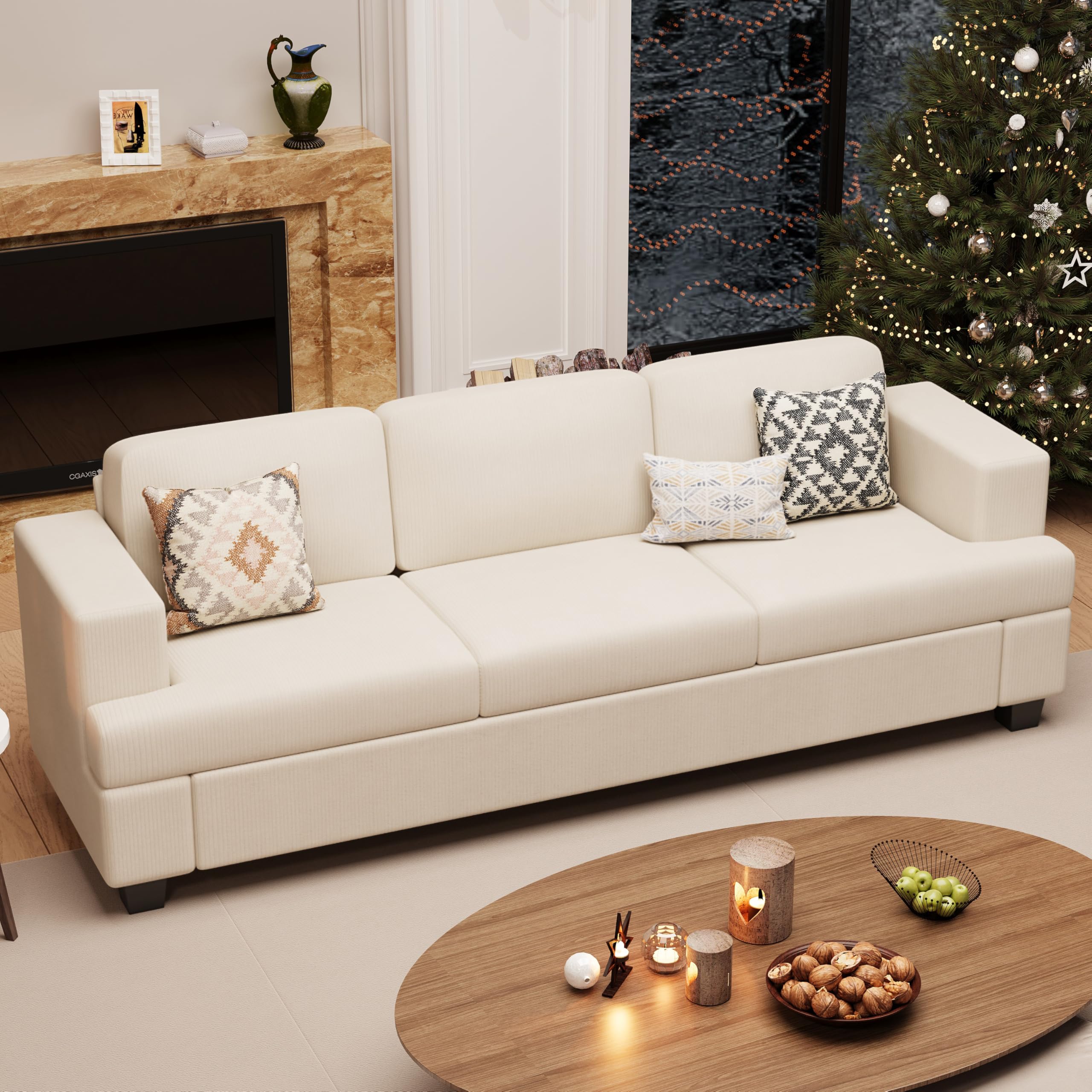 Fiona s magic 89  White Corduroy Couch for Living Room, 3 Seater Cloud Sofa, Deep Seat Floor Couch for Bedroom, Futon Modern So