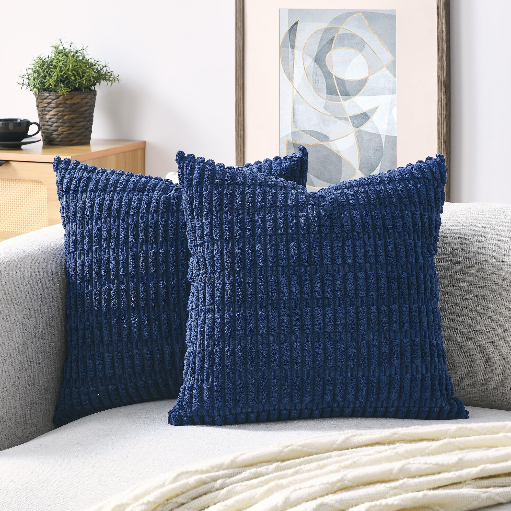 Volcanics Pack Of 2 Navy Decorative Throw Pillow Covers 18X18 Inch, Soft Corduroy Striped Square Cushion Cases, Modern Farmhouse