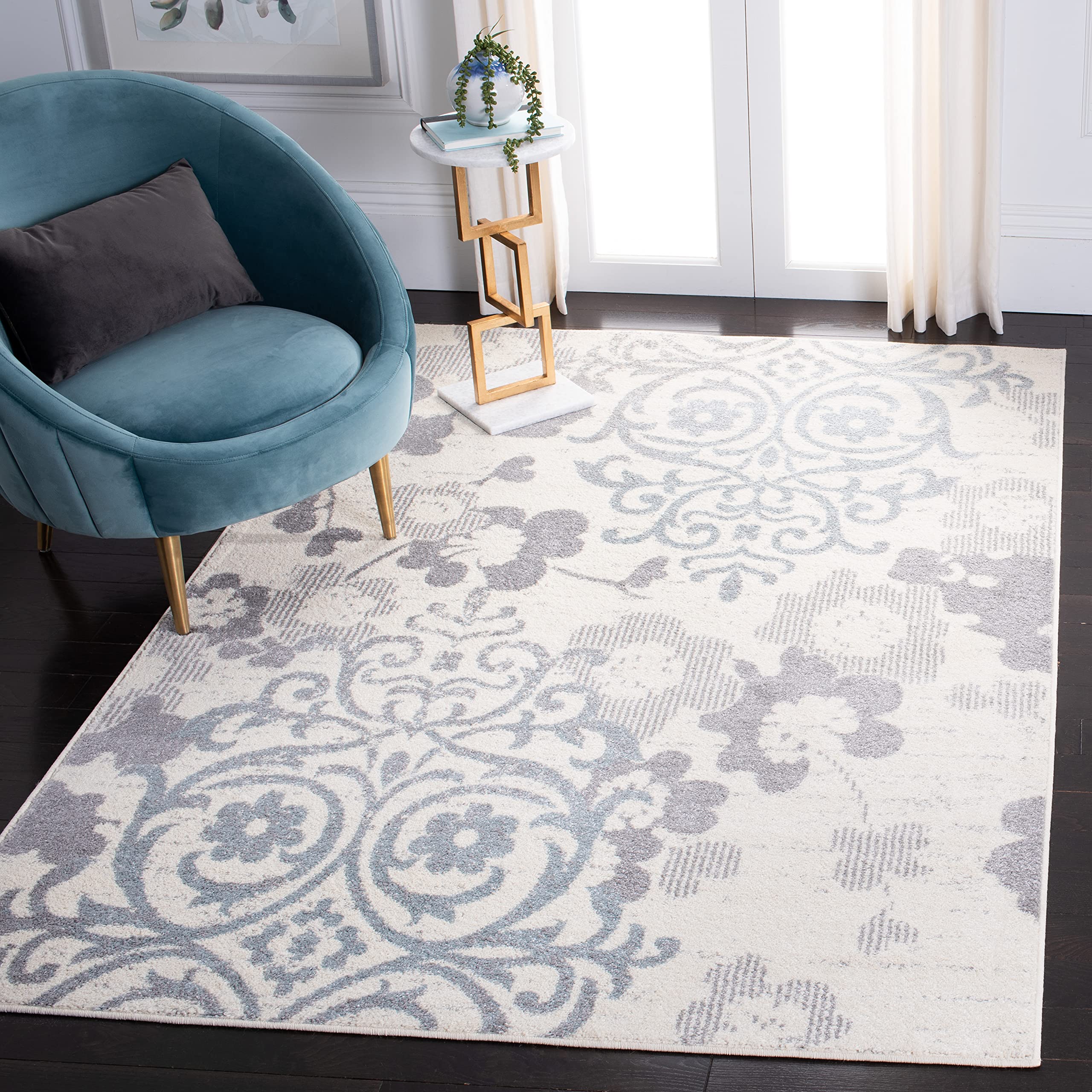 SAFAVIEH Adirondack Collection Accent Rug - 45 x 65, Ivory & Grey, Floral Glam Distressed Design, Non-Shedding & Easy Care, Id