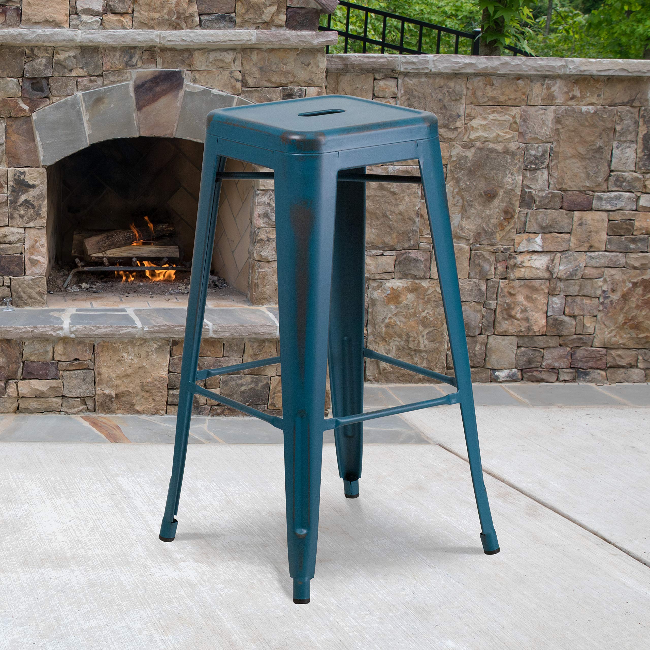 Flash Furniture Kai Commercial Grade 4 Pack 30 High Backless Distressed Antique Blue Metal Indoor-Outdoor Barstool