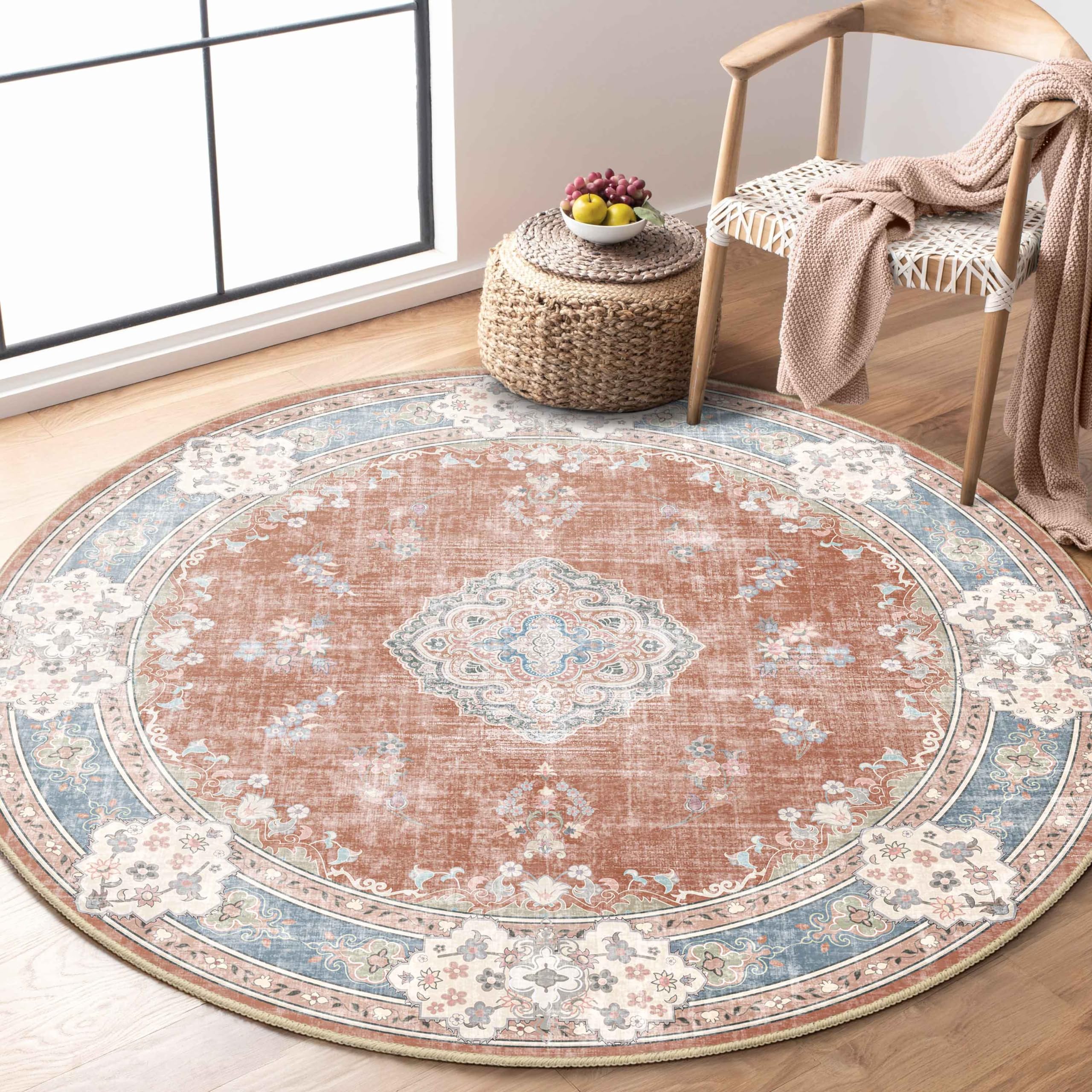 MUJOO Boho Round Rug 4ft,Circle Washable Area Rugs for Bedroom Living Room Bathroom,Vintage Small Distressed Non Slip Circular C